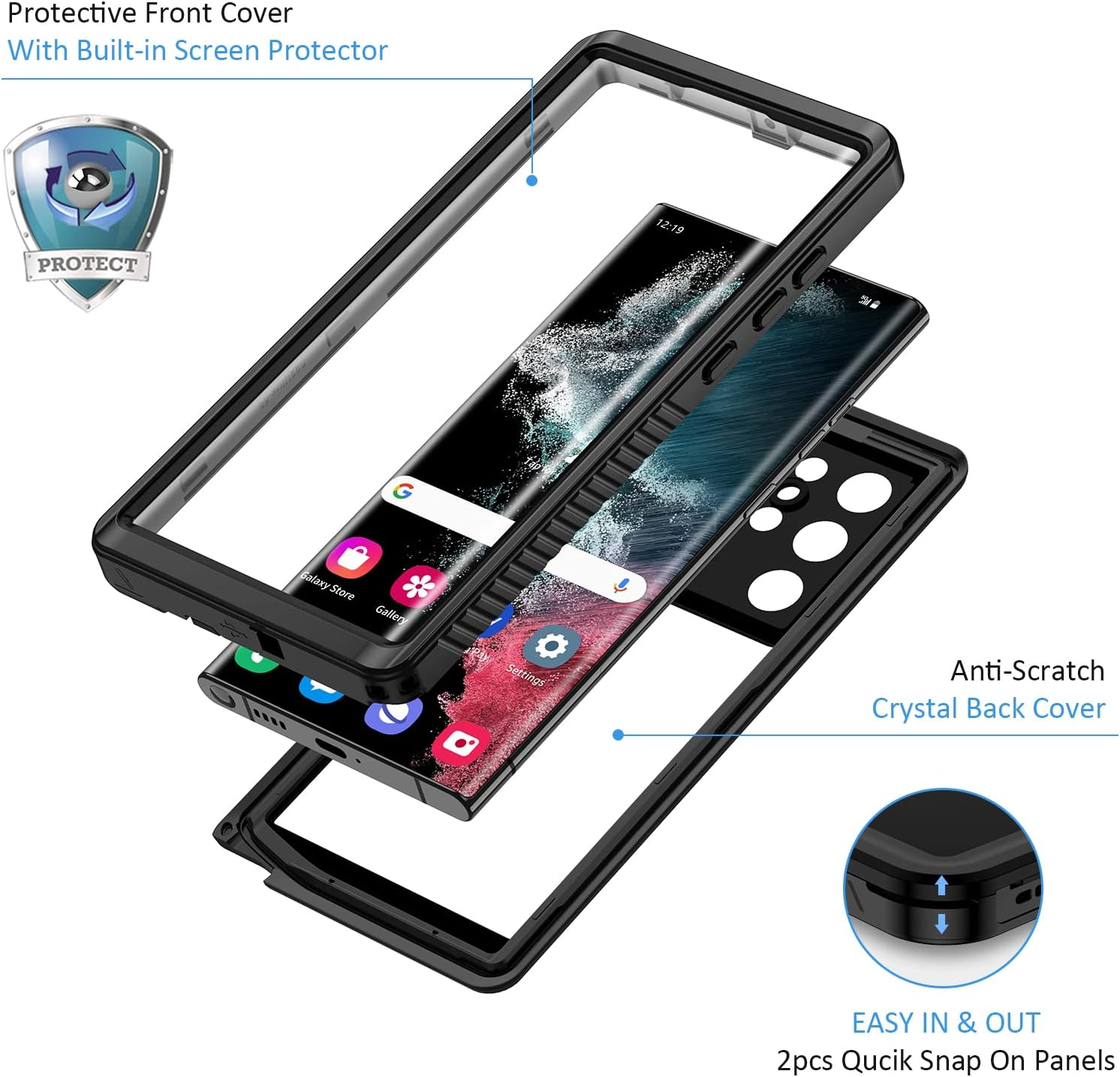 Lanhiem for Samsung Galaxy S22 Ultra Case IP68 Waterproof Dustproof Shockproof Case with Built-In Screen Protector, Full Body Underwater Protective Cover for Galaxy S22 Ultra 5G 6.8 Inch, Black/Clear image number 2