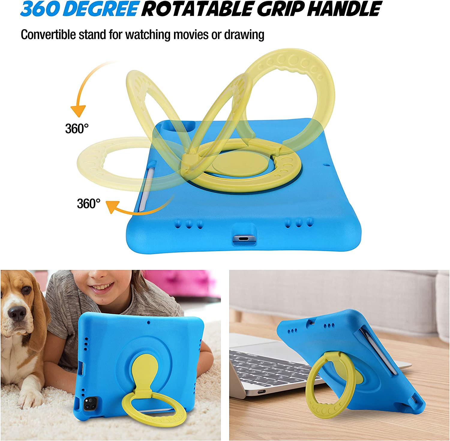 Procase Kids Case for Ipad Air 10.9" 5Th Gen 2022/4Th Gen 2020/Ipad Pro 11 2020/2018, Shockproof Rotate Handle Fold Stand Lightweight Kids Friendly Case &ndash;Blue image number 5