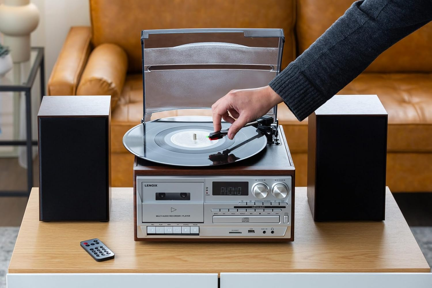 Lenoxx Home Entertainment System with Turntable, Cassette Player, USB Port, SD Slot, CD, and Wireless Technology 5.0, 3-Speed Turntable, AM/FM Radio, Wooden Speaker Boxes - Brown