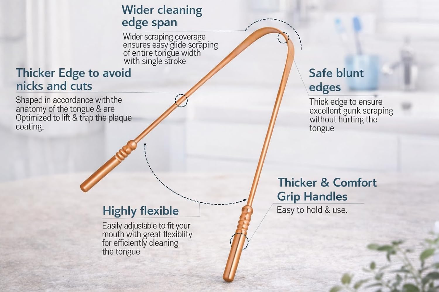 Copper Tongue Scraper Cleaner | Perfect Surgical Tongue Cleaner | Best Remedy for Bad Breath | Naturally Antimicrobial & Prevents Oral Health Diseases | Flexible Handle (Set of 2) image number 1