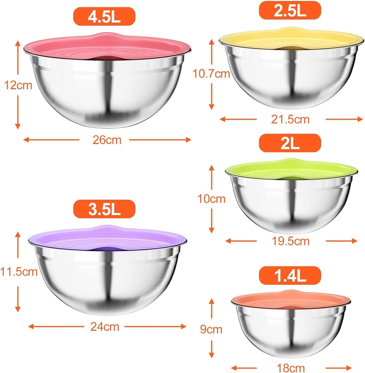 Mixing Bowl Set of 5, Stainless Steel Mixing Bowls with Airtight Multicolord Lids, Salad Bowls Size 4.5L/3.5L/2.5L/2L/1.4L,Multifunctional Bowls with Lids for Baking,Cooking,Food Prep image number 6