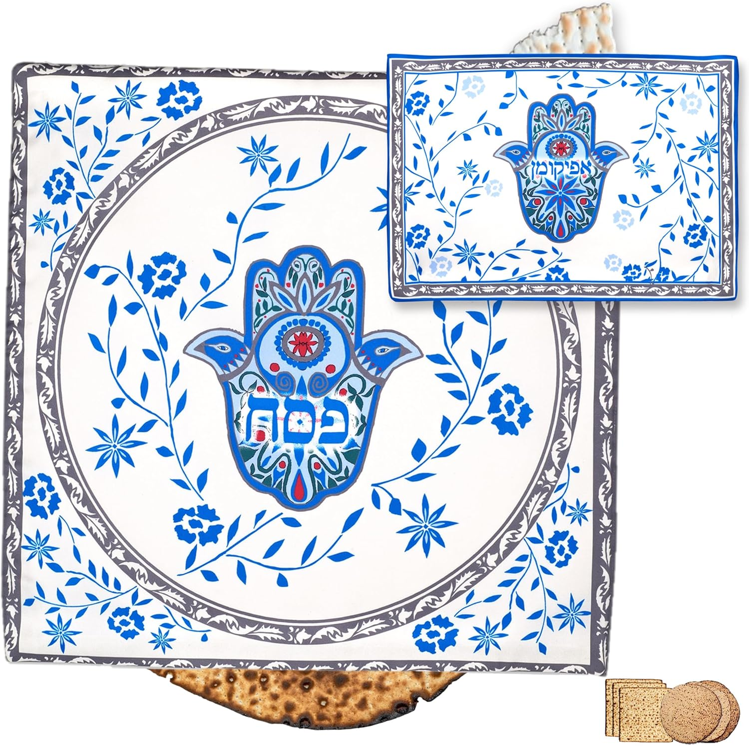 Stunning Silk Passover Seder Matzah Cover Floral Hamsa Design with 3 Pockets for the 3 Matzos - Fits round Shmurah Matzo or Square Matzot Pesach Table Essential Decorations