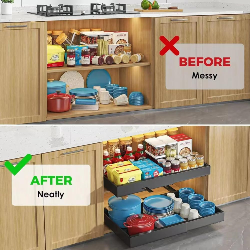 2 Pack Pull Out Drawers for Cabinets under Sink Organizer Slide Out Kitchen Storage Adhesive Shelf Cupboard for Home Pantry Spice Plate Cutlery Pan Medicine Expandable Drawer Organiser (12.4"-20.5")