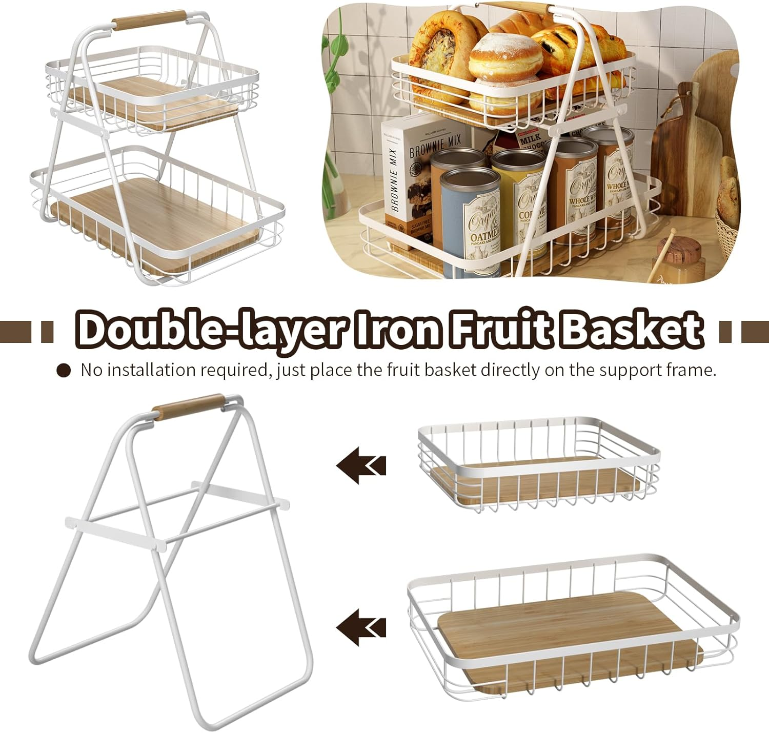KKC White 2 Tier Fruit Basket for Kitchen, Countertop Fruit Vegetable Basket Bowl for Kitchen Counter Metal Wire Storage Basket Fruits Stand Holder Organizer for Bread Snack Veggies Storage image number 3