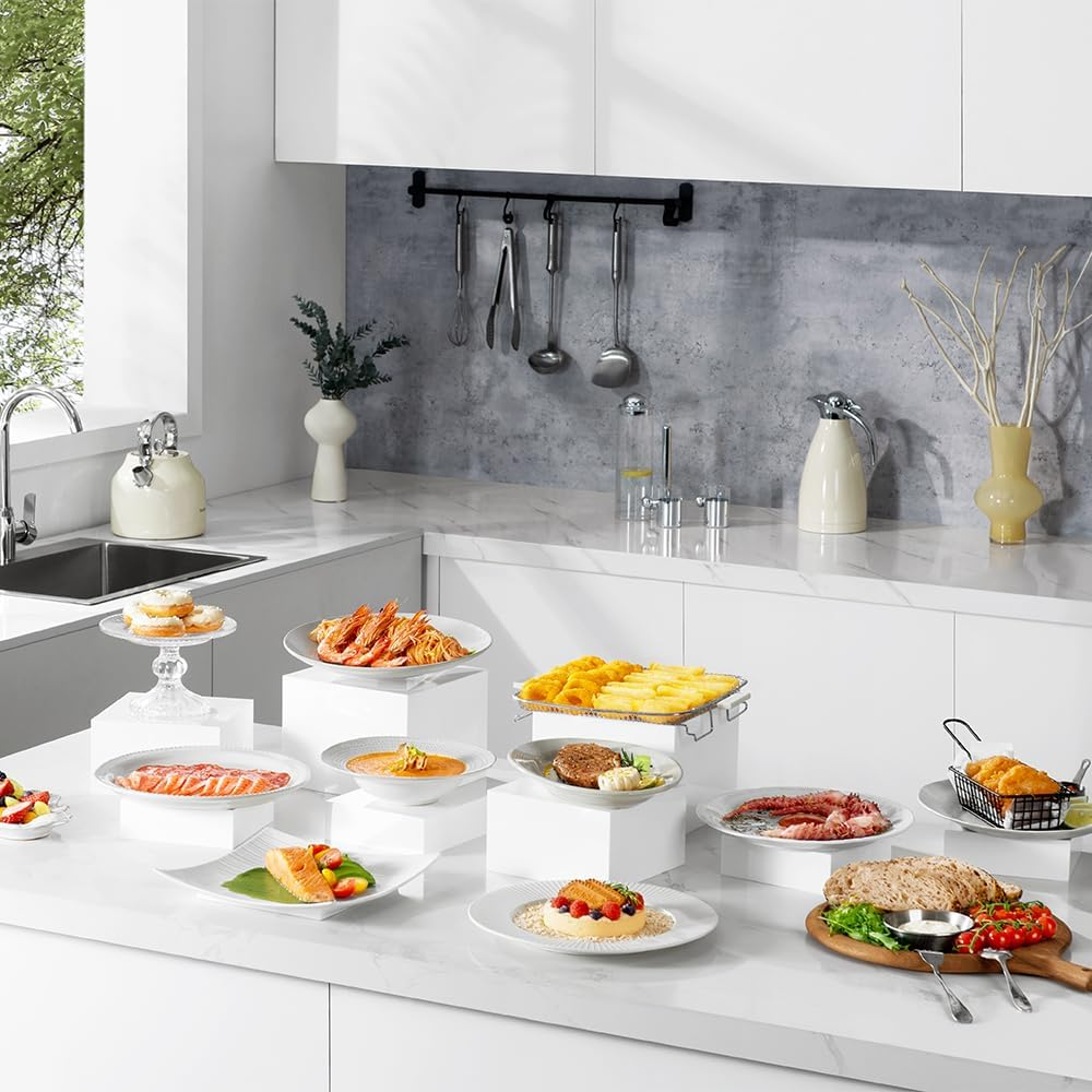 Set of 8 Acrylic Cube Display Box Risers Food Buffet Riser for Table, Retail Showcase, Catering, Cakes, Collectibles, Toys, Jewelry, Cosmetics, Crystal Decor Container, Stackable Nesting Stands