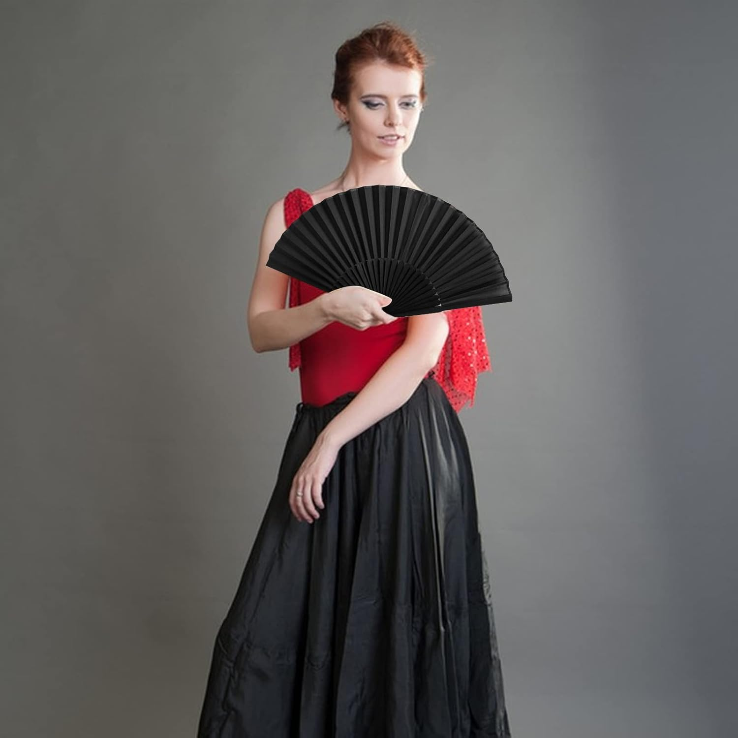 2 Pack Silk Folding Fans, Black Classic Handheld Fan 8.2In Small Hand Held Bamboo Fabric Chinese Vintage Hand Fans with Case for Dance, Performance, Wedding, Cosplay, Decorations, Party Favor, Gift image number 2