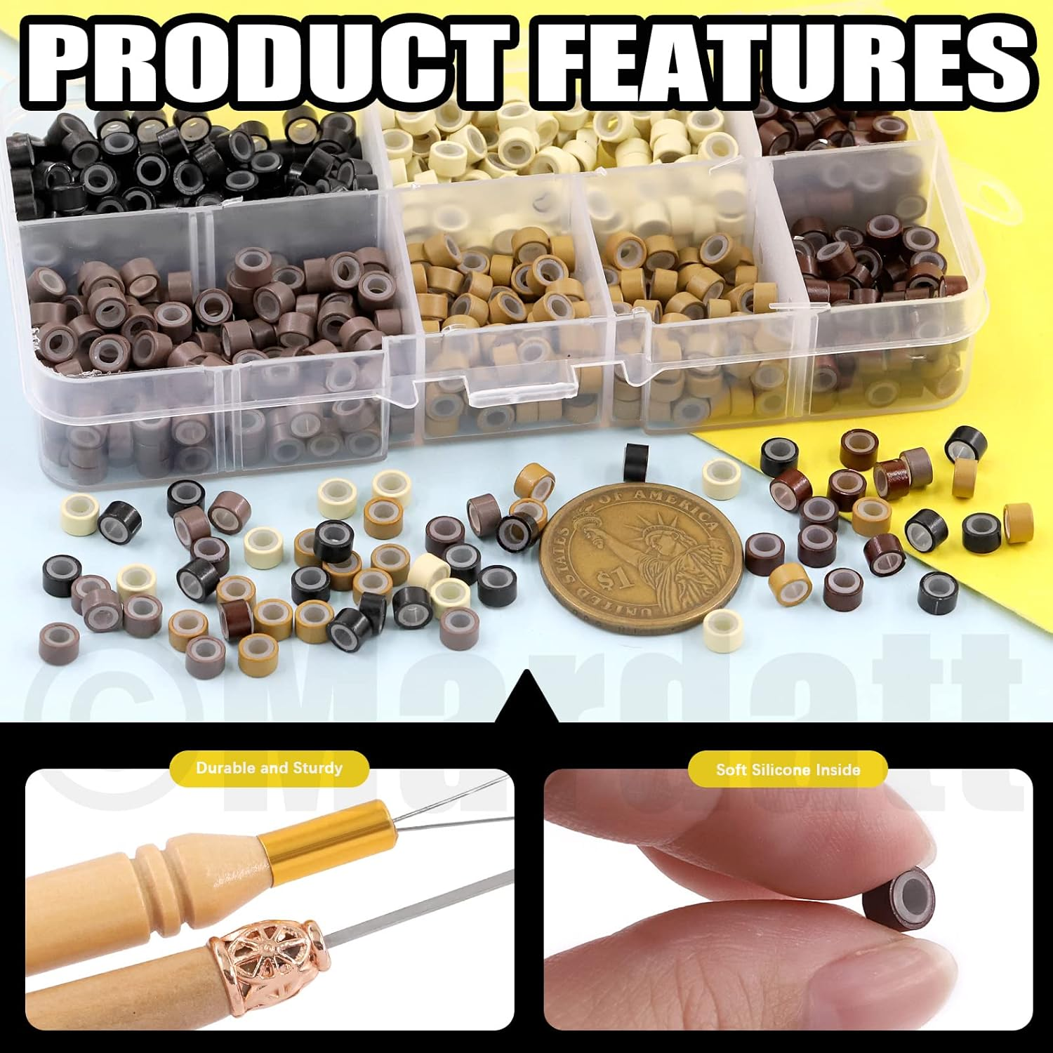 753 Pcs Hair Extension Kit, Black White Beige Dark Brown Blonde Silicone Lined Micro Rings with Remove Pliers Pulling Hook for Hair Styling Salon