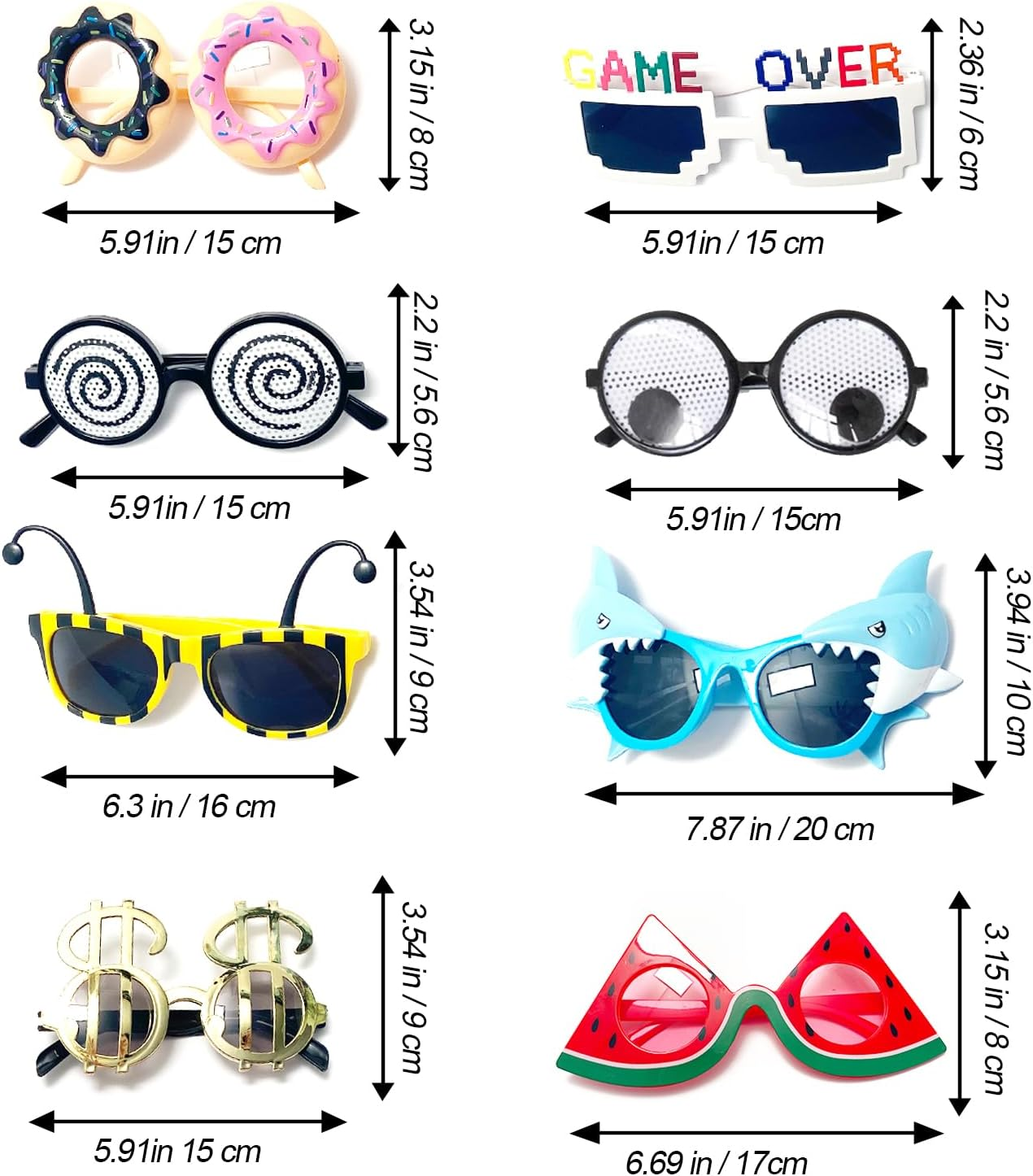 8 Pairs Funny Party Glasses Fancy Party Supplies Decoration Shark/Watermelon/Donuts/Dollars Funny Glasses, Novelty Party Bag Filler Fancy Dress Favors Creative Summer Beach Party Photo Booth Props image number 6