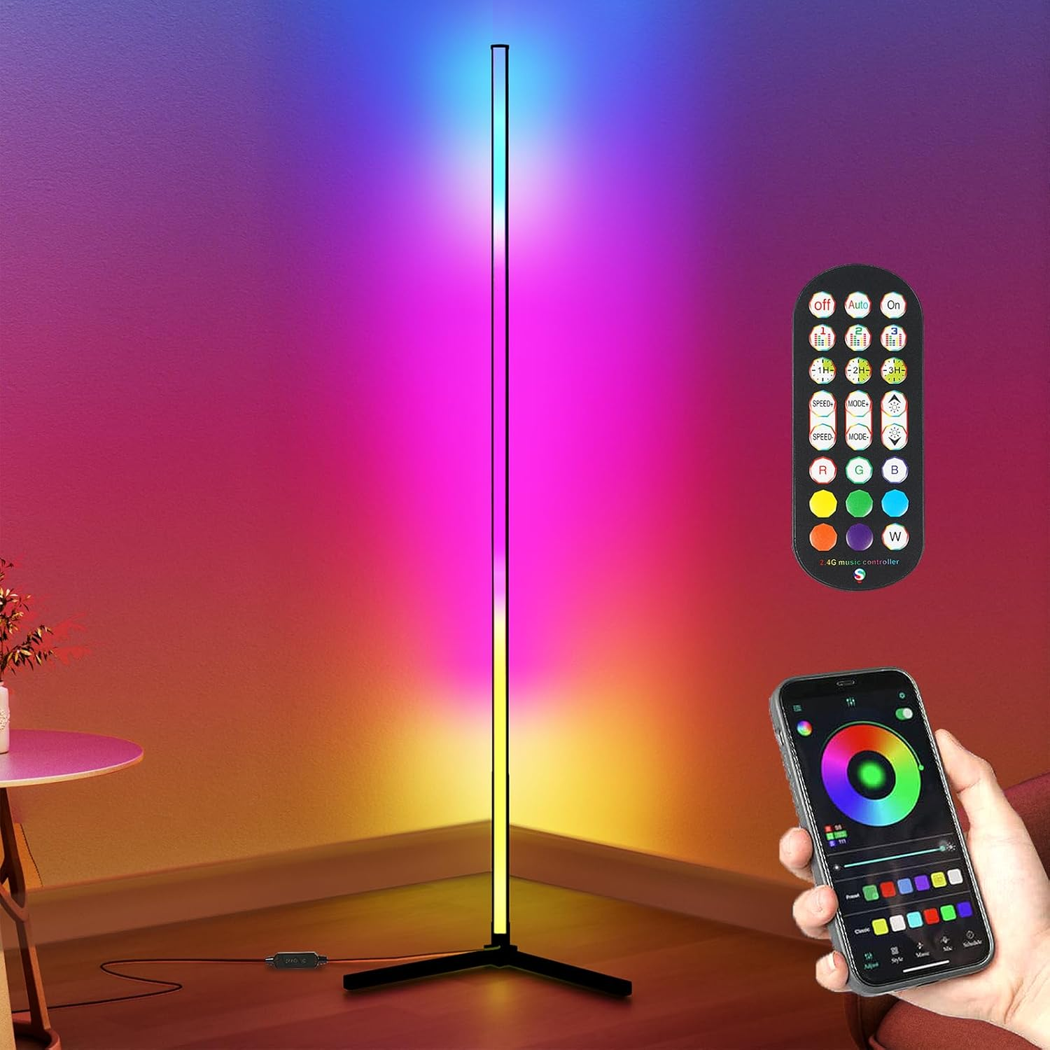 Modern 65&rdquo; LED Corner Floor Lamp with RGB Music Sync, Remote & App Control, 16M DIY Modes, Timer Setting, Black Aluminium image number 2