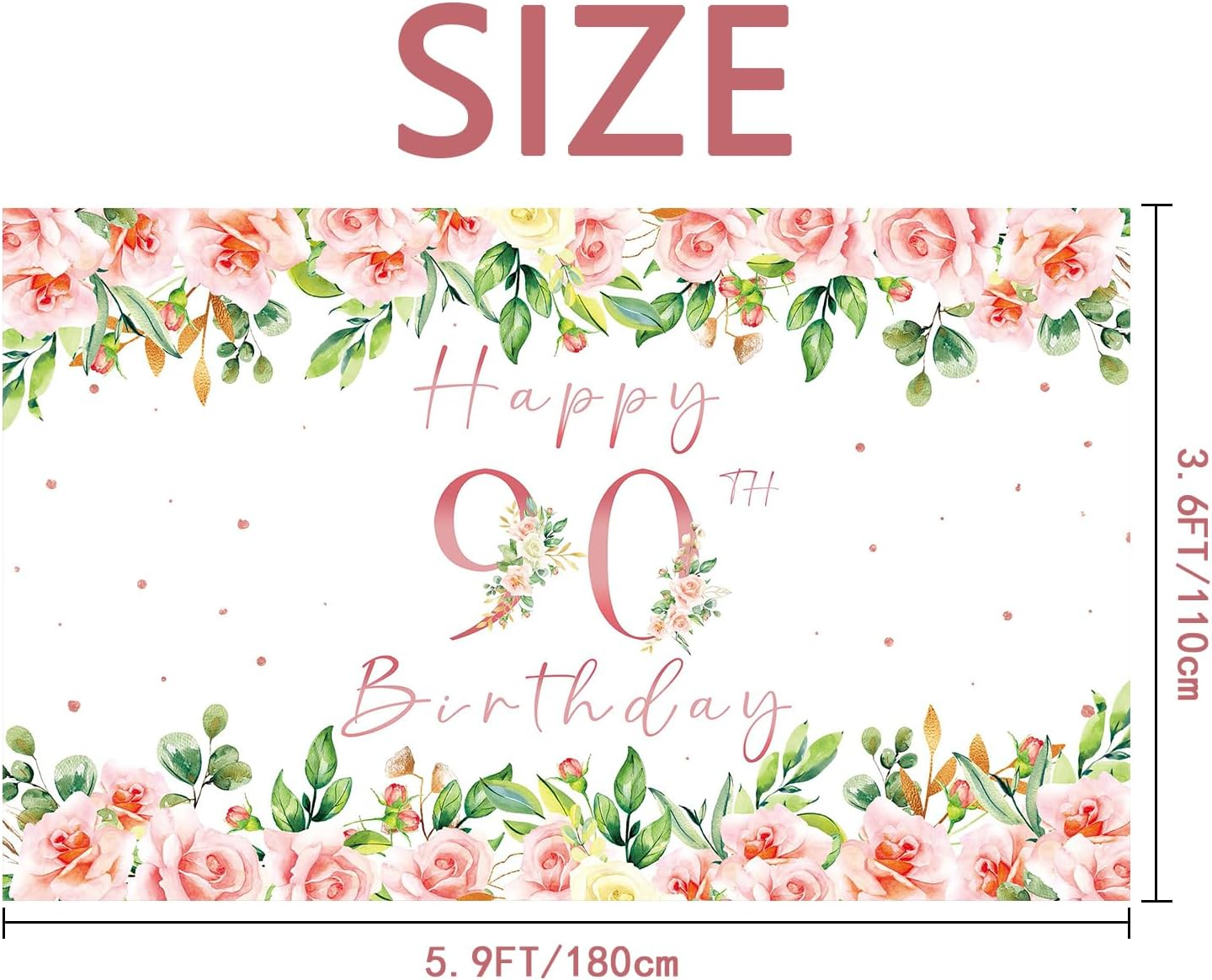 Crenics 90Th Birthday Decorations for Women, Rose Gold Floral Happy 90Th Birthday Banner Backdrop for Female 90 Birthday Party Supplies, 5.9 X 3.6 Ft image number 3