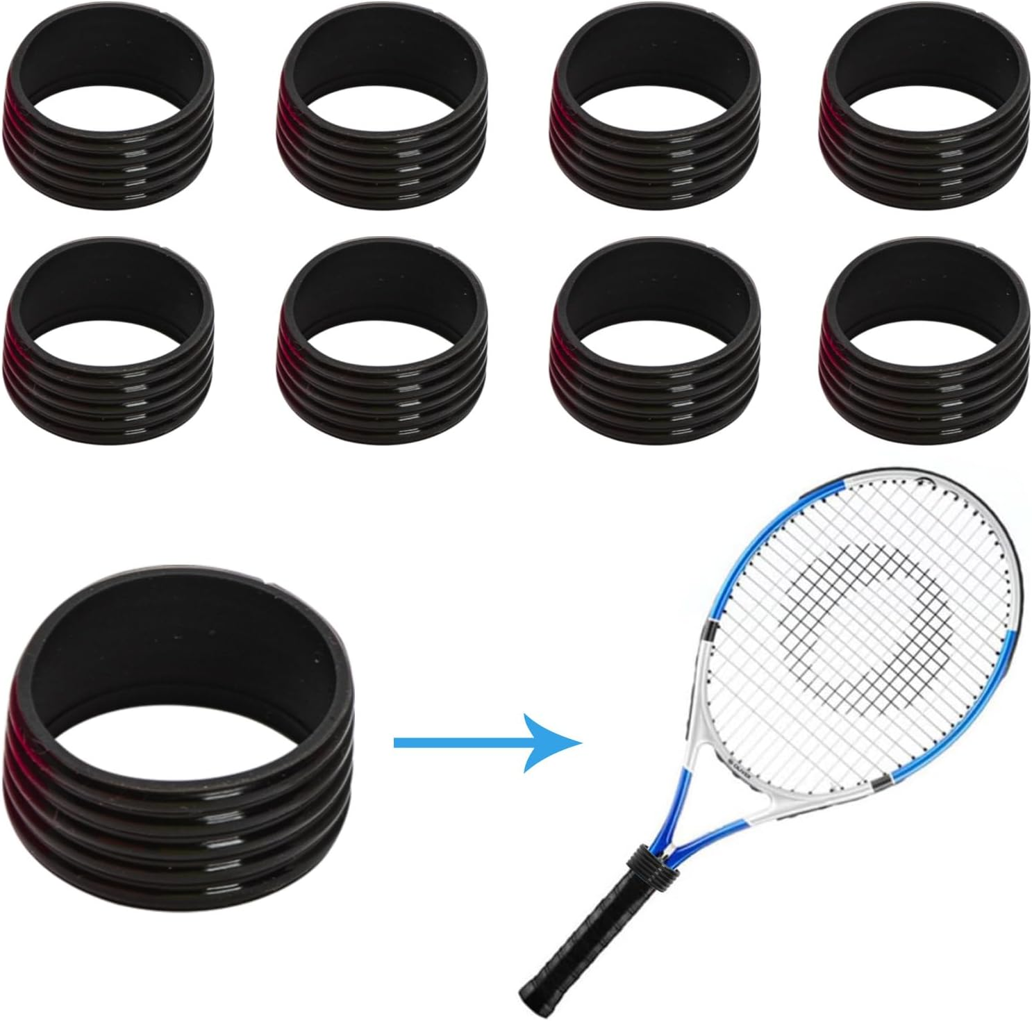 8 Pack Tennis Racket Rubber Grips Rings anti Slip Bands for Badminton Grip Replacement Rubber Shock Absorbing Rings for Table Tennis Squash Racquet Control Sports Accessories - Black image number 2