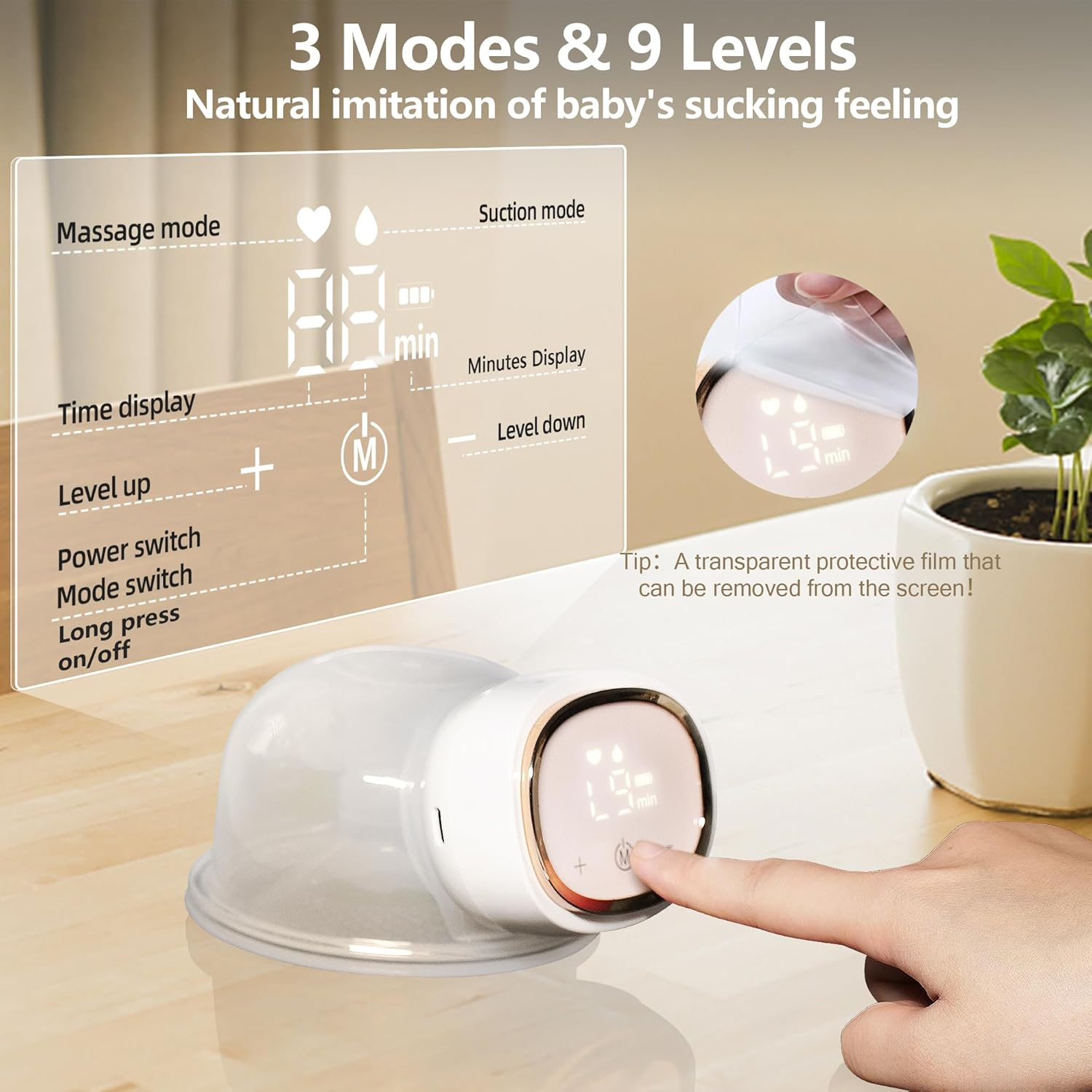 Breast Pump, Wearable Breast Pump Electric Breast Pump Hands Free Portable Breast Feeding Pumps,3 Modes-9 Levels Painless Low Noise Touch Screen Baby Pump with 2 Pack image number 1