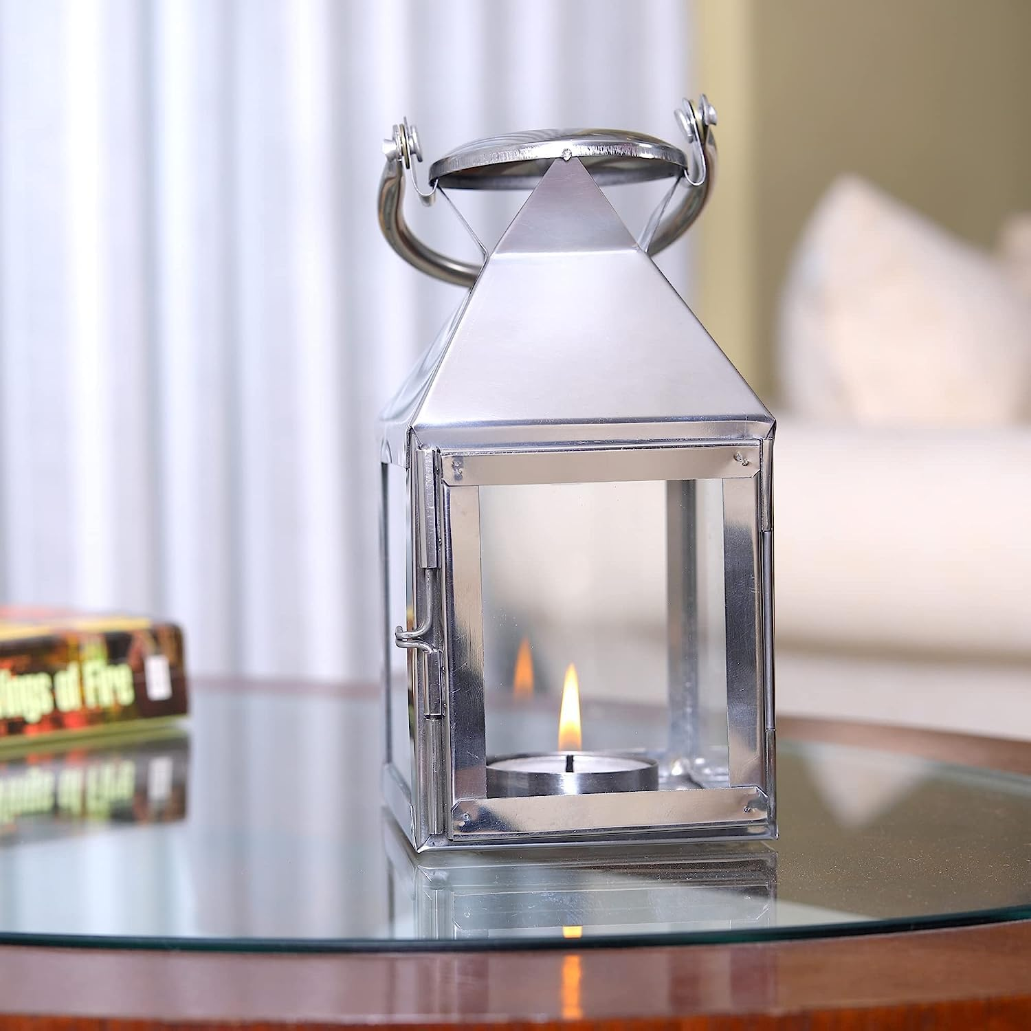 Hosley&reg; Classic Style Glass Stainless Steel Lantern with One Tealight Candle, Hanging Lantern Perfect for Home Decor, Wedding, Parties - Tealight Holder, 3 Inch Diameter(Pack of 1, 6.5 Inch Long)