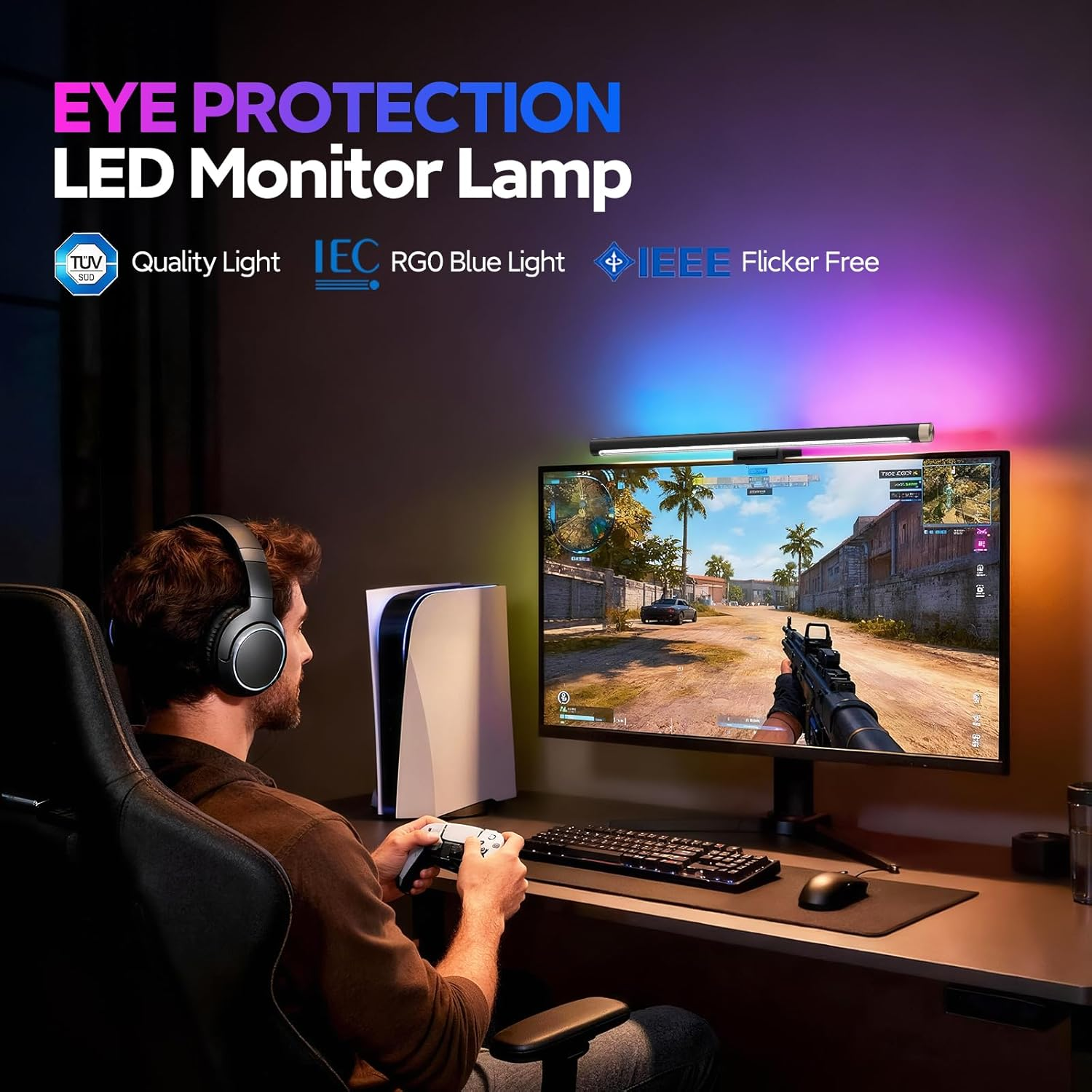 LYMAX RGB Monitor Light Bar, Computer Monitor Light for Eye Care, 4 Modes Backlight Adjustable Color & Brightness with Dimming Memory, 17.7'' USB Reading Lamp, No Glare, Space Saving for All Monitor