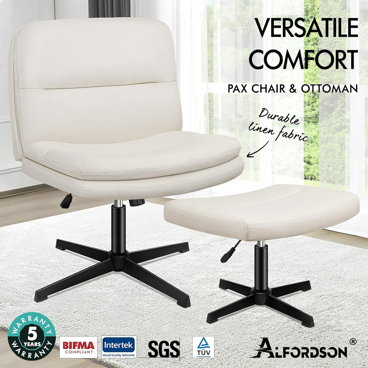 ALFORDSON Criss Cross Desk Chair with Ottoman Stool Pax Series, Cross Leg Office Chair with Mid-Back, Tilt, Height Adjust and Swivel, Armless Ergonomic Gaming Chair, 180Kg Capacity, Fabric Beige image number 3