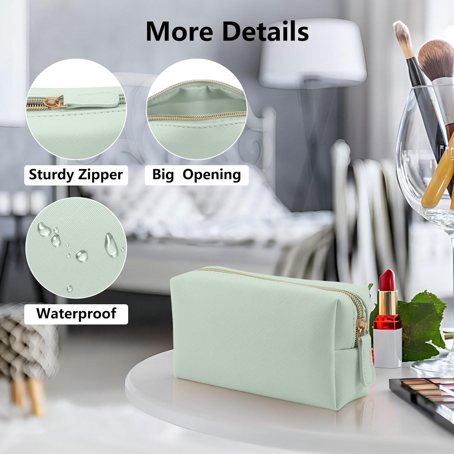 Leather Makeup Bag for Purse Travel, Portable Small Cosmetic Organizer for Women and Girls, Make up Bag with Zipper - Green image number 6