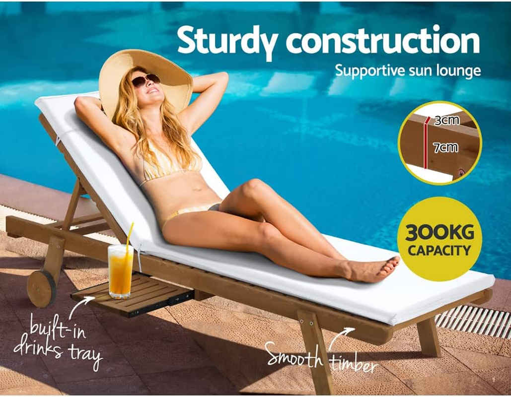 Gardeon Sun Lounge Camping Chair Wooden Wood Lounger, Chaise Beach Chairs Outdoor Furniture Garden Patio Setting Pool Backyard, with Wheels Cushion Pillow Adjustable Backrest White image number 2