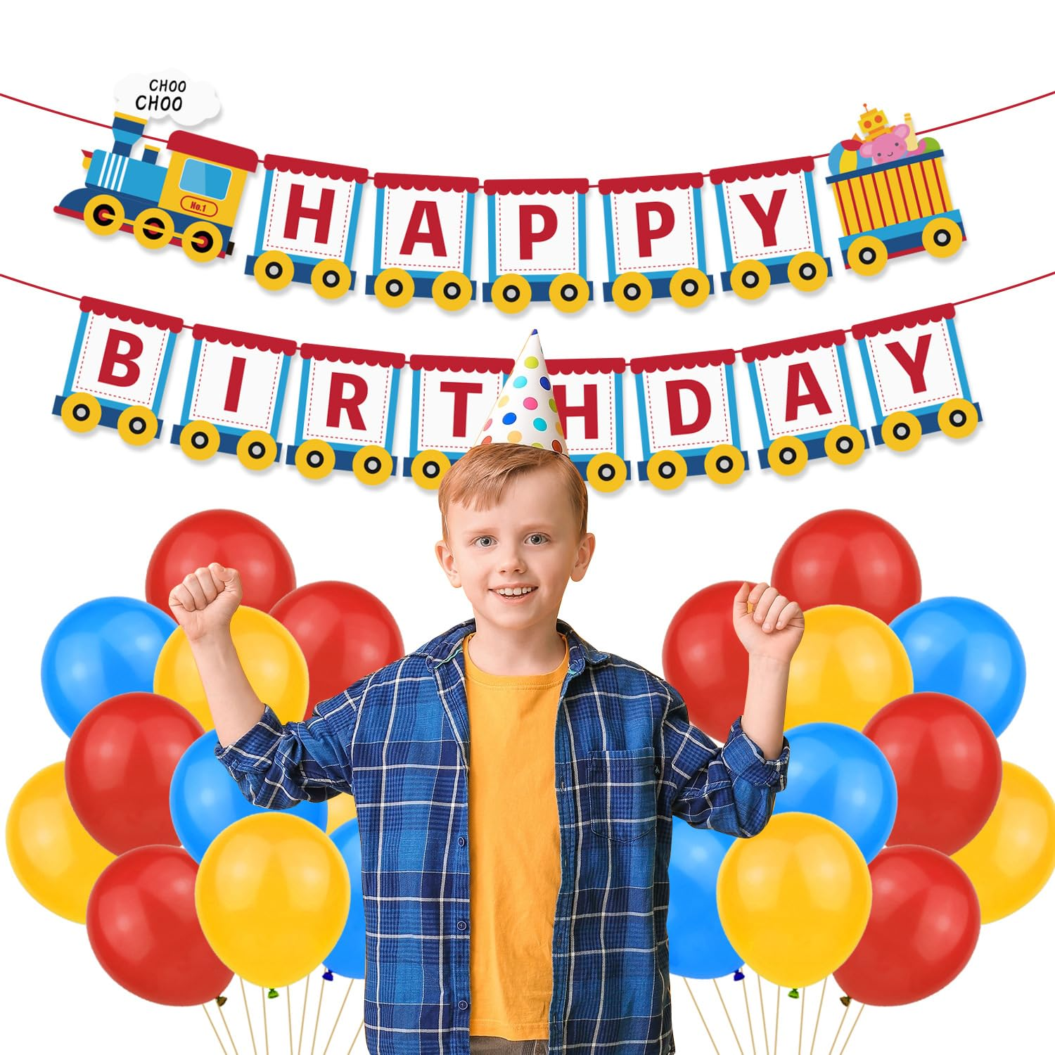 Train Theme Happy Birthday Banner, Party Decoration, Blue and Red,Party Banners, Train Styles, Birthdays, English Banners, Birthday Supplies, Decorations