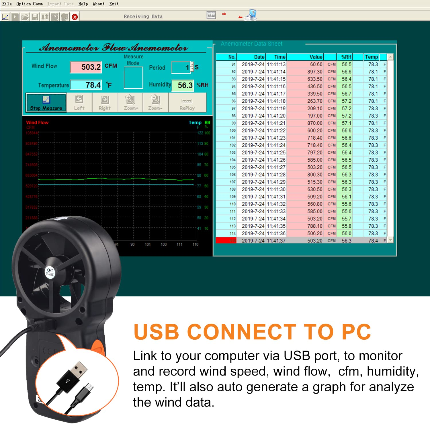 BTMETER BT-866A Pro Handheld HVAC Anemometer for CFM Air Flow, Wind Speed Meter Gauge Measures Wind Velocity Temp%Rh Dew Point with USB Sync to PC image number 3
