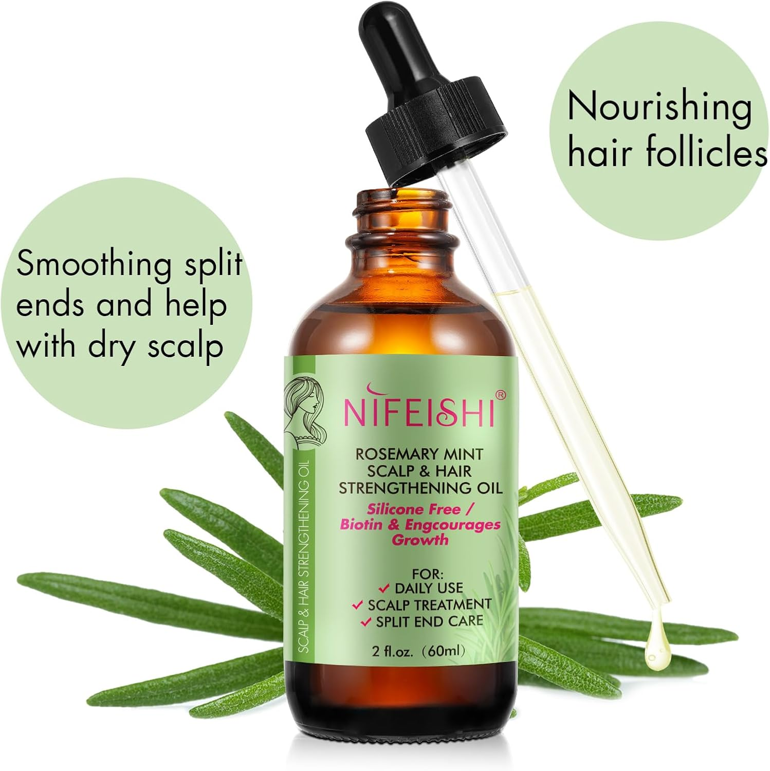 Bieyoc Rosemary Oil for Hair Growth 60Ml, with a Head Massage Brush Silicone, Improve Hair Loss and Nourishes Scalp