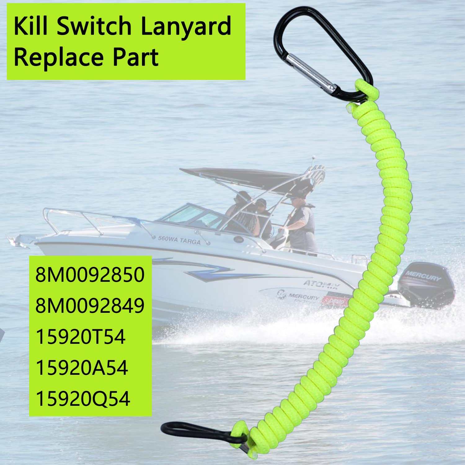 8M0092850 Boat Kill Switch Lanyard Replacement for Mercruiser Marine Boat Emergency Stop Switch Safety Lanyard Cord 49 Inch/125 Long -Replace 15920T54 15920A54 (Aluminum Alloy Clip Green 1Pcs) image number 2