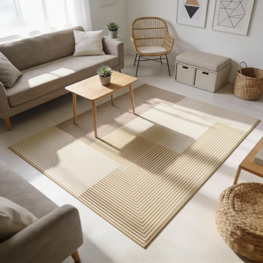 UZU 120X160Cm Machine Washable Area Rug for Living Room and Bedroom Non-Slip Geometric Lines Faux Cashmere Carpet Indoor Large Durable Soft Floor Mat Low Pile Rugs with Anti-Slip Backing - Home Decor