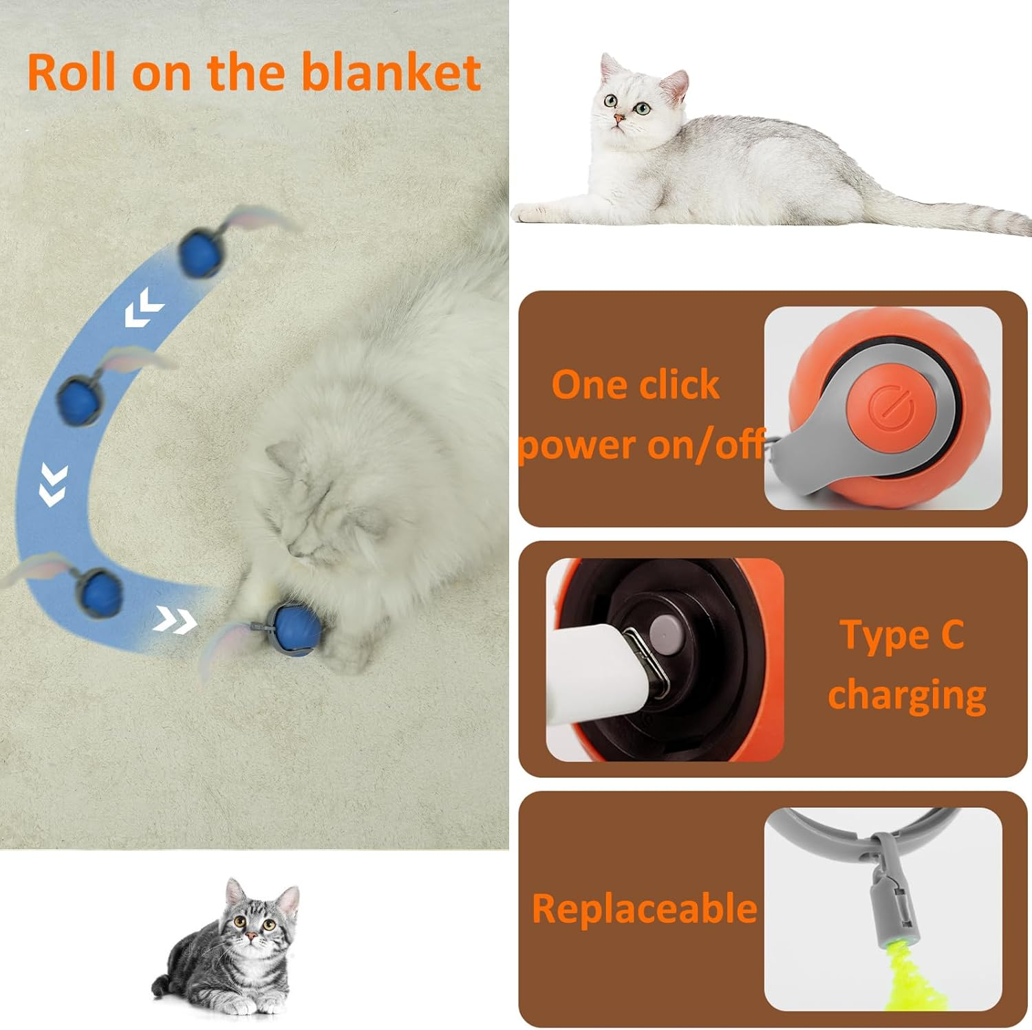 Interactive Cat Ball Toy Self Rolling Ball USB Rechargeable Smart Cat Toys Ball 360&deg;Automatic Rolling Ball Toy with Tail Speedy Tail Cat Toy for Indoor Cats SH0090 (Orange) image number 3