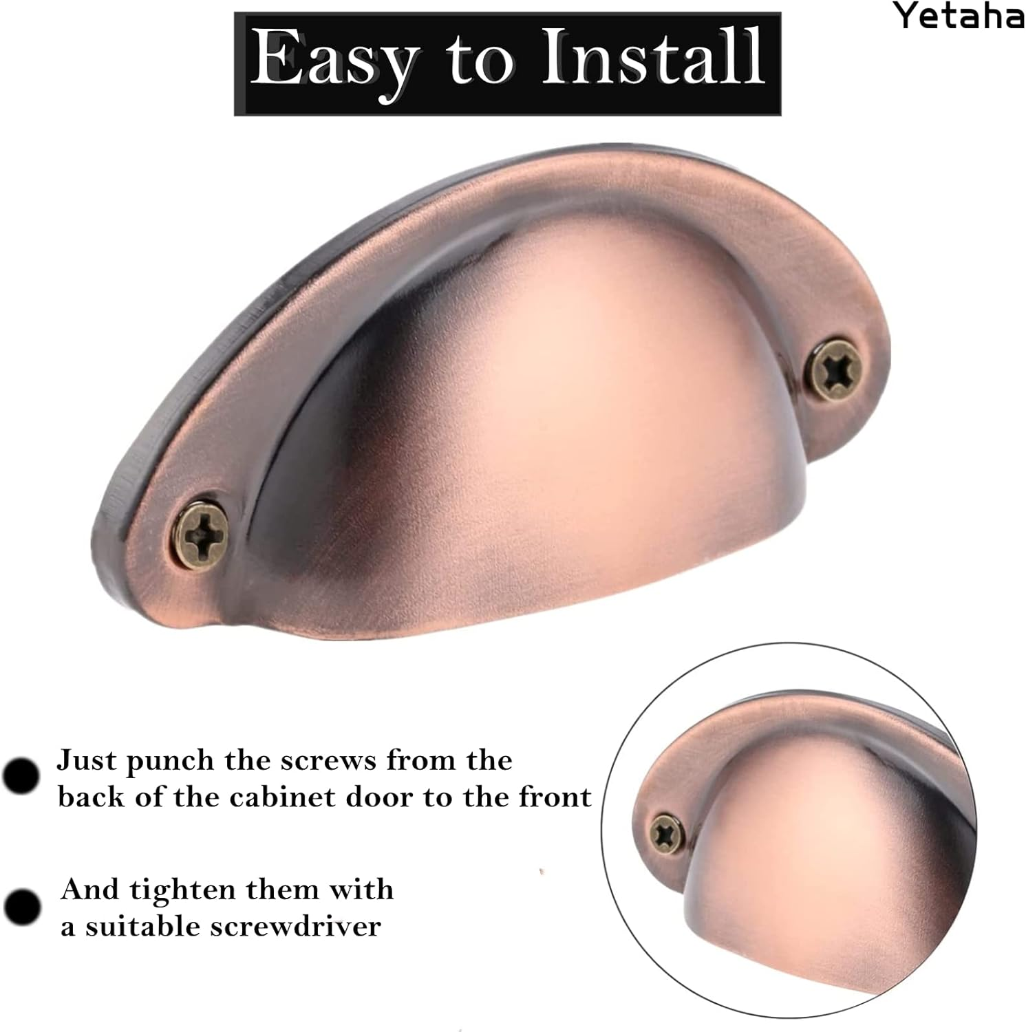 Yetaha Copper Cup Handles, 10PCS Cabinet Cup Pull Handle, Retro Shell Cup Handles, 82X35Mm Vintage Kitchen Cupboard Pulls Furniture Knob with Screws Suitable for Drawer Dresser, Door (Red Copper) - Black image number 6