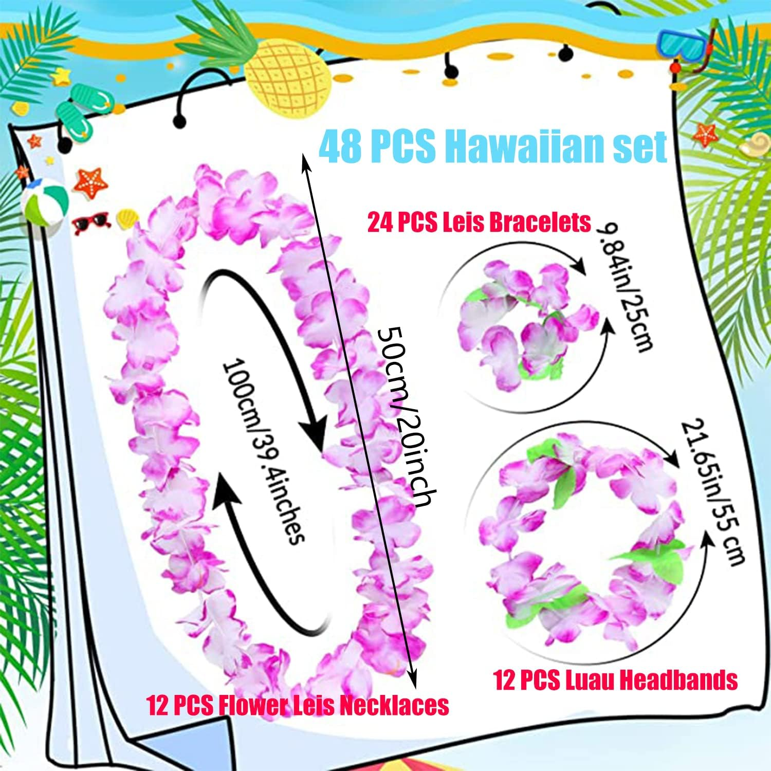48 Pcs Hawaiian Flower Garlands with Bracelets Headbands Set,Hawaiian Leis Luau Party Decorations Tropical Party Favors for Adult Kids Aloha Tiki Beach Jungle Lays Summer Party image number 6