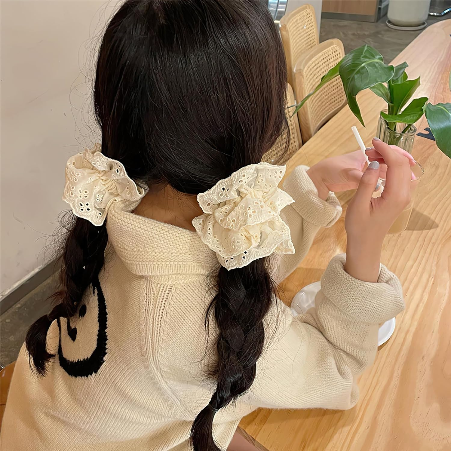 White Lace Scrunchies Large Elastic Hair Ties Ropes Hair Scrunchies, White Large Hair Scrunchies, Bobbles Ponytail Holders for Thick Hair, Thick Hair Bulk Scrunchies Accessories for Girl Women image number 1