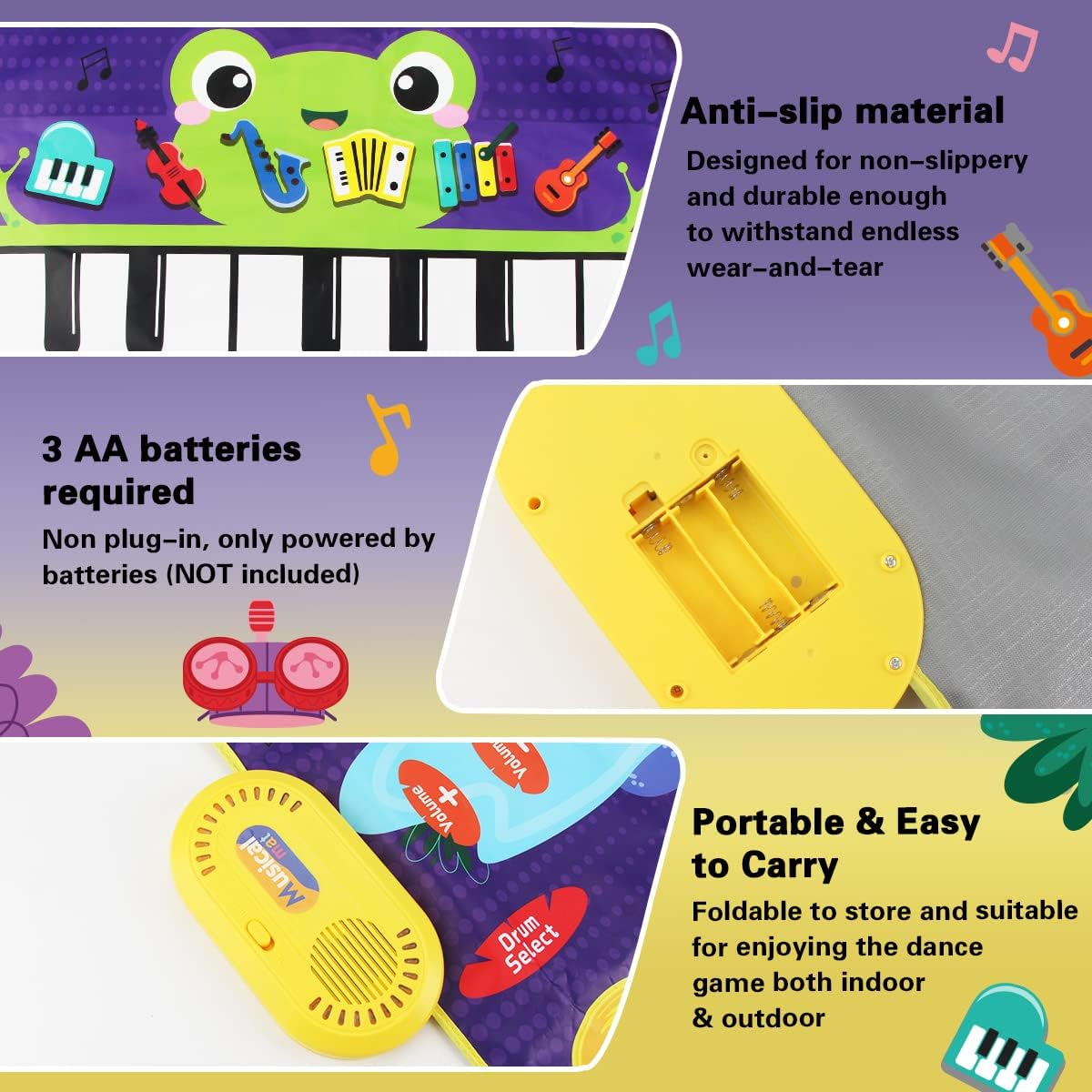 Joyfia Kids Musical Mat, Piano Keyboard & Jazz Drum 2 in 1 Music Toys for Toddlers Touch Play, Floor Musical Playmat with 6 Instrument Sounds, Education Learning Toys Gifts for 3 Year Old Girls Boys image number 4