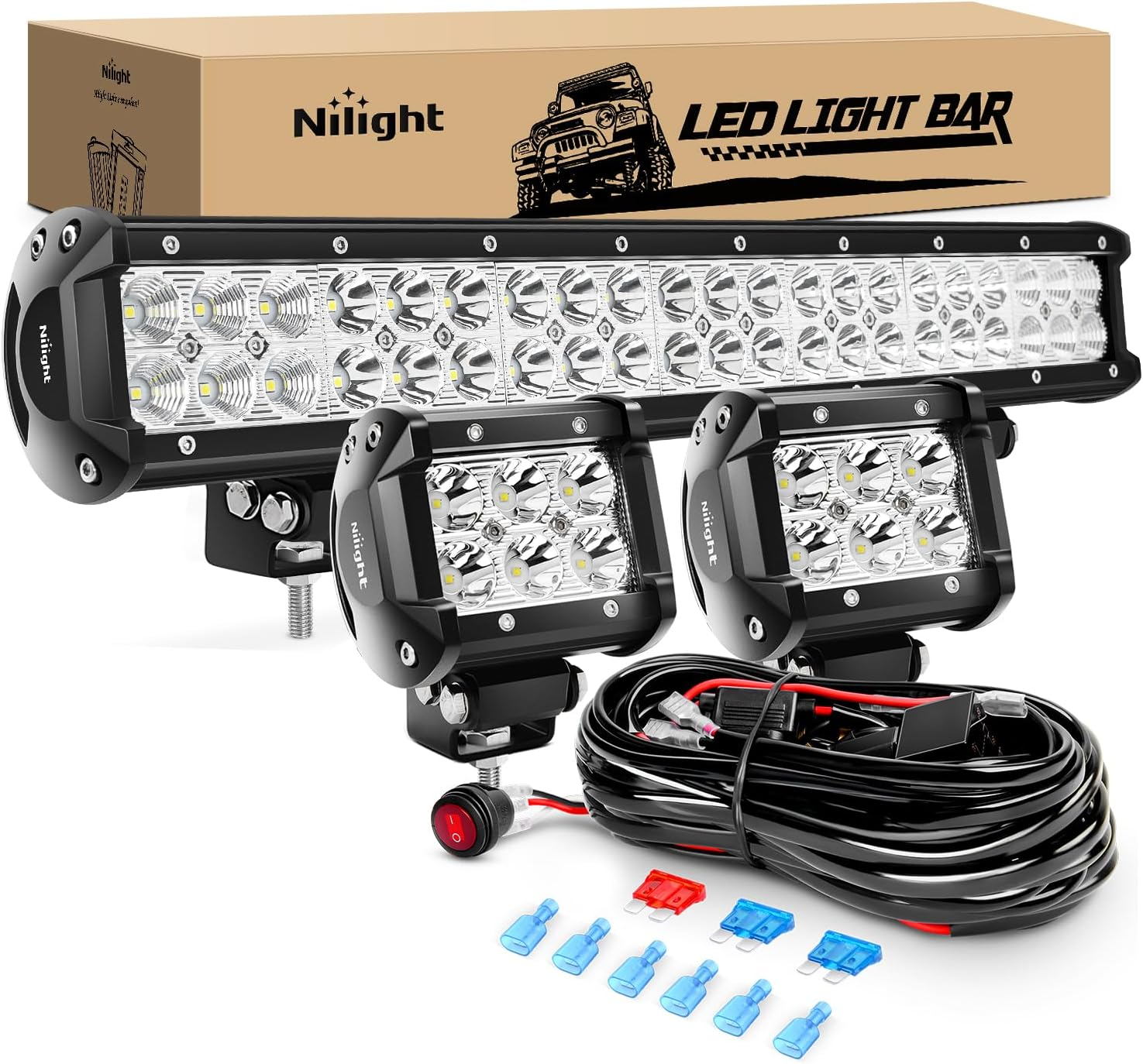 Nilight - ZH002 20Inch 126W Spot Flood Combo Led off Road Led Light Bar 2PCS 18W 4Inch Spot LED Pods with 16AWG Wiring Harness Kit-3 Lead image number 1