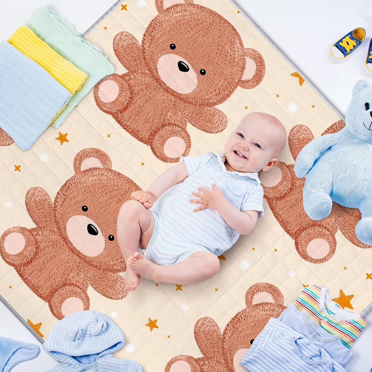 Funtery 43 X 43 Inch Boho Baby Play Mat Portable Crawling Washable Foldable Tummy Time Non Slip Baby Floor Large Playpen Mat for Infants Toddlers Floor Playpen Activity(Bear) image number 5