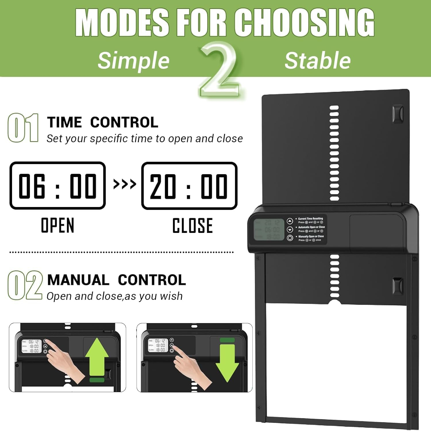 Chicken Coop Door Opener with Timer Control, Anti-Pinch Protection, Aluminum Door, Battery Powered LCD Screen, Weatherproof, Low Battery Alert, Easy Installation for Poultry