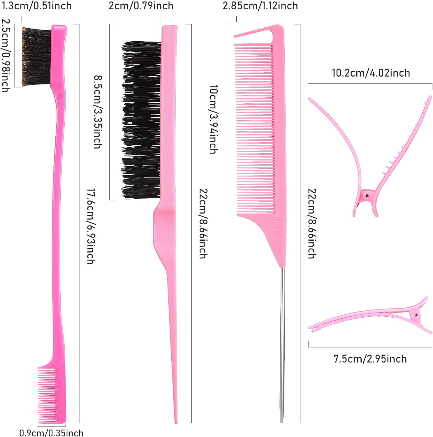 Remerry 12 Pieces Hair Brush Set, Nylon Teasing Hair Brushes 3 Row Salon Teasing Brush, Double Sided Edge Smooth Comb Grooming, Rat Tail Combs with Duckbill Clips for Women(Pink)
