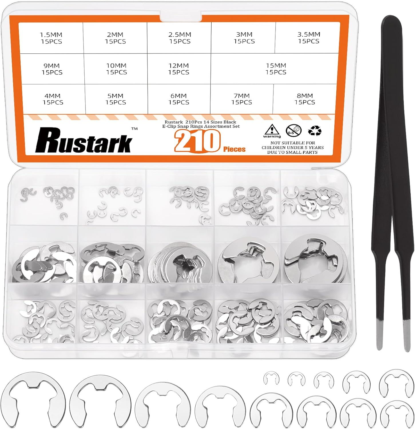 211Pcs 14 Sizes 304 Stainless Steel E-Clip External Retaining Rings Assortment Kit, E Clip Circlip Rings E-Clips Retainer Circlip Rings Washers E-Clips Assortment Set for Gears Pulleys Axles