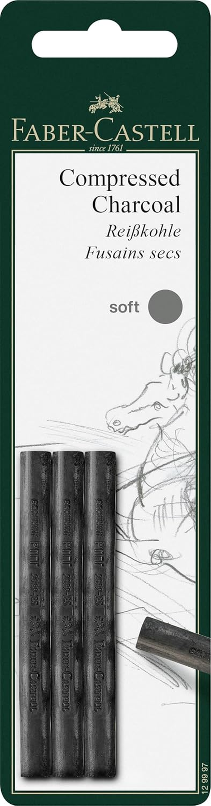 Faber-Castell Smooth Pitt Compressed Charcoal Stick, Extra Soft &ndash; Blister Pack of 3, (18-129996)