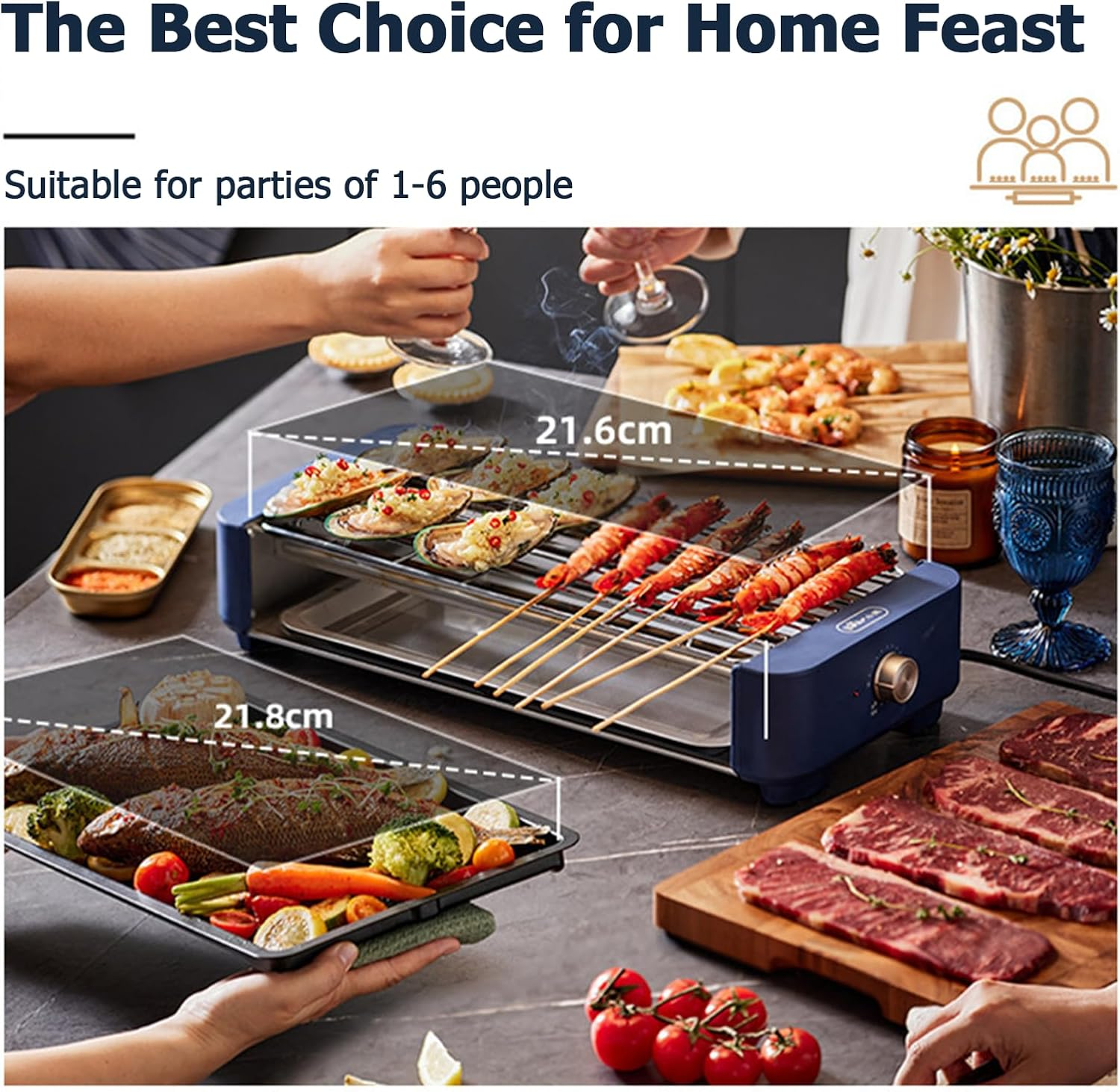 Electric BBQ Grill, 2-In-1 Smokeless Electric Grills with Removable Grill & Non-Stick Baking Pan, Portable Korean BBQ, Knob Temperature Control, 2000W, Dishwasher Safe image number 4