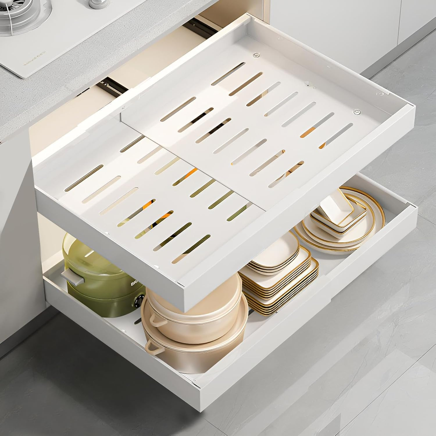 Expandable (12.6"-20.5") Pull Out Cabinet Organizer Sliding Drawer Kitchen Storage, Pantry Shelves Adjustable Peel and Stick Slide Out Drawers, Heavy Duty Adhesive Retractable Bathroom Rack image number 4