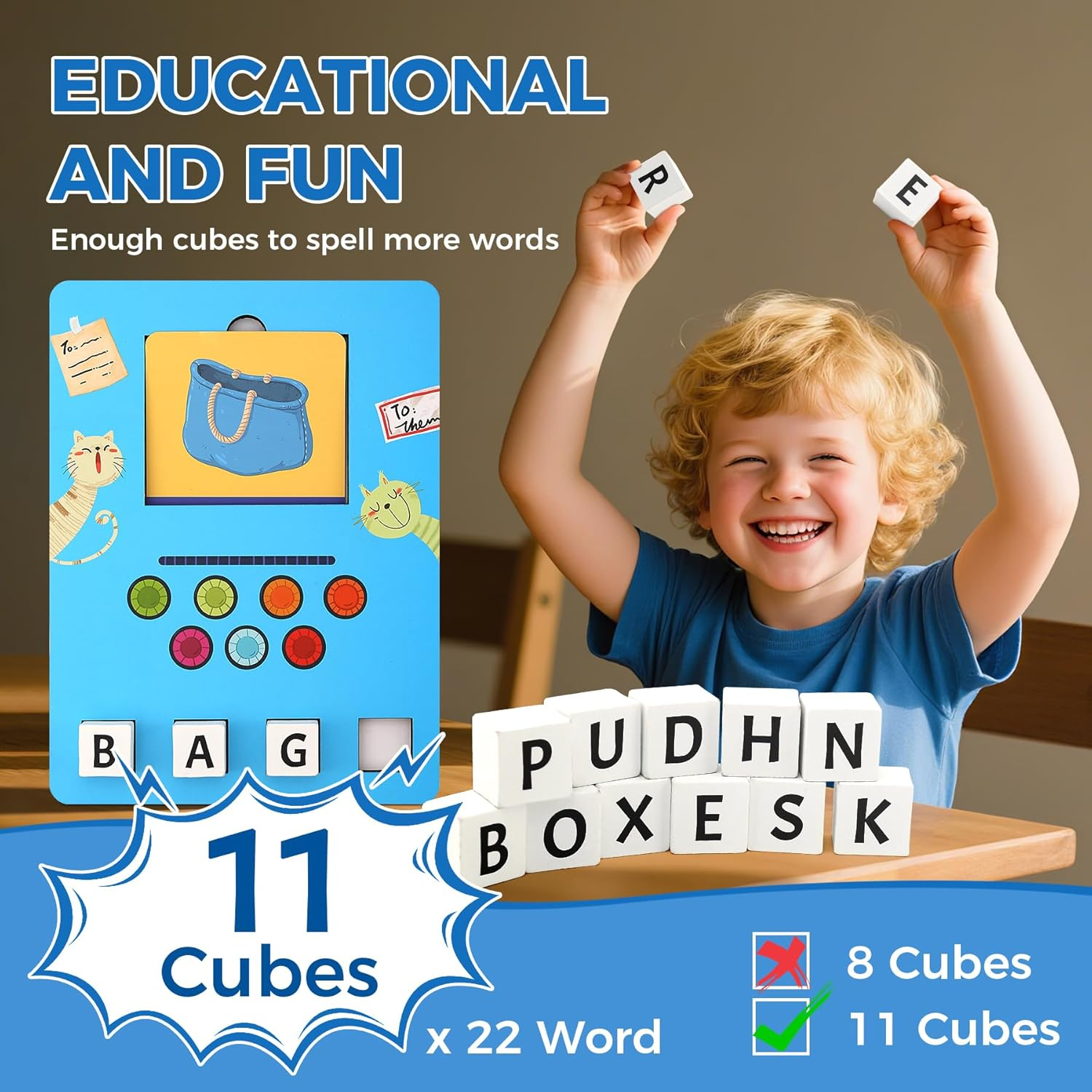 Wooden Learning Games for Kids Ages 3-8, Matching Letter Game with Spelling Flash Cards for Toddler, Early Learning Educational Toys for Children, Birthday Party Gifts for Son and Daughter, Blue image number 5