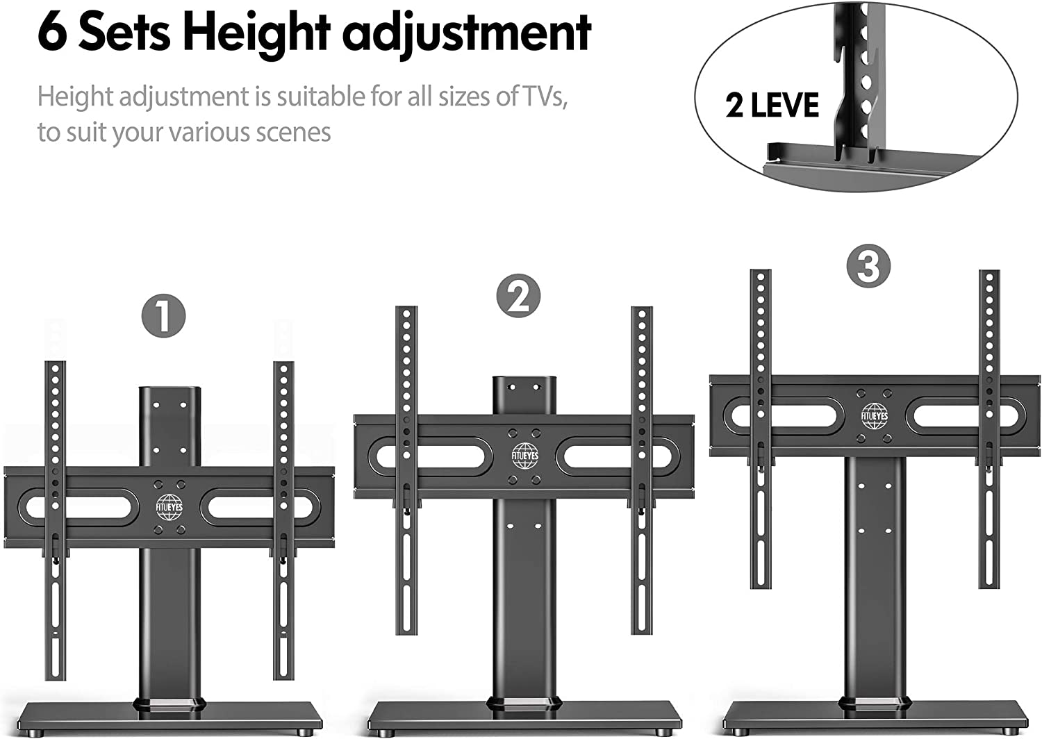 FITUEYES Universal TV Stand Table Top TV Base for 27 to 55 Inch LCD LED Flat Screen Tvs Height Adjustable Television Stands with Black Tempered Glass Base Holds up to 88 Pound VESA 400X400Mm