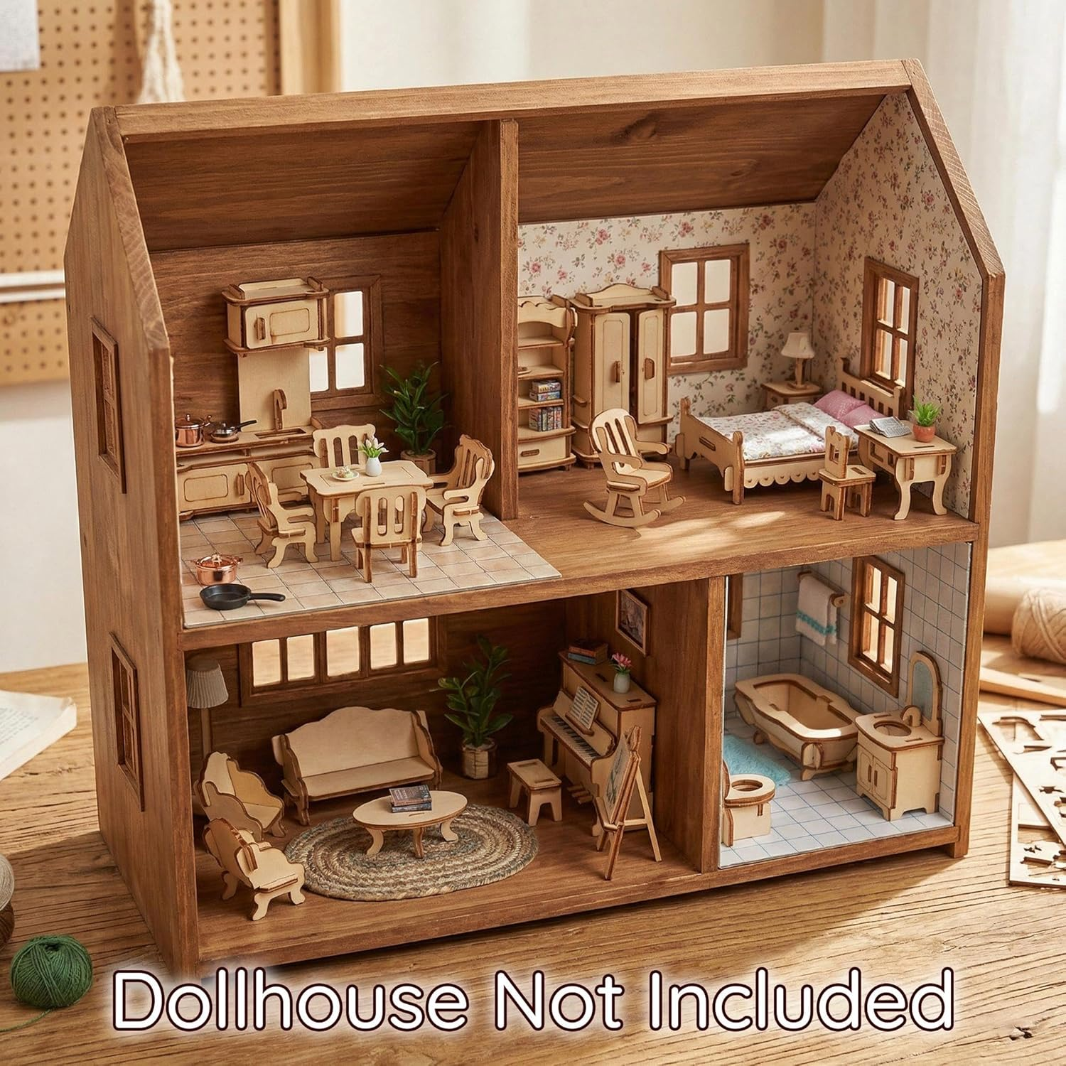 BOHS 34-Piece Dollhouse Furniture Set - Laser Cut Wooden 3D Puzzles - Miniature Doll House DIY Models and Accessories image number 2