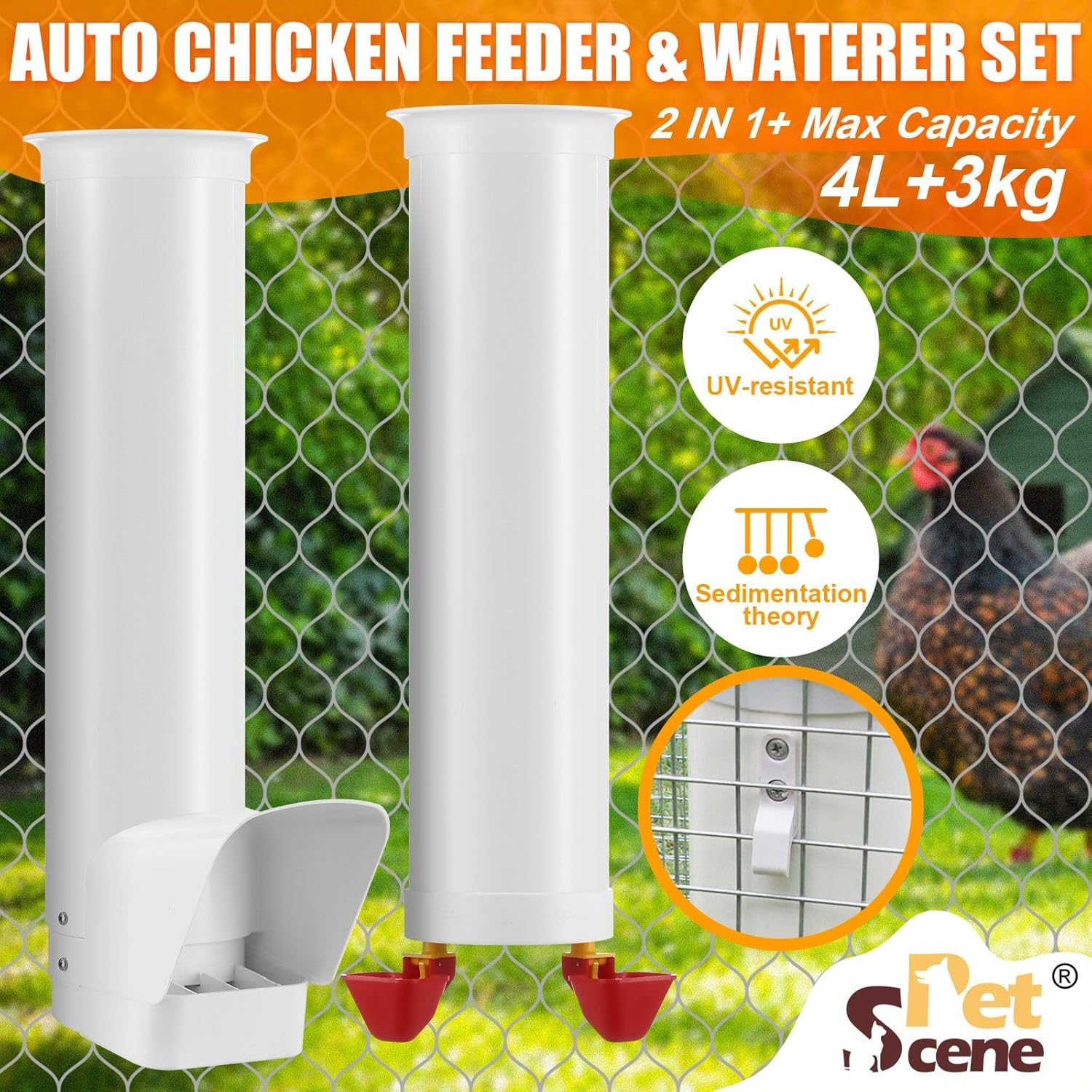 Pet Scene Chicken Feeder and Waterer Set, 3 Kg Poultry Chicken Feeder and 4 Litre Waterer System with Rain Cover,Automatic Water Dispenser Kit Auto Aviary Chook Chick Hen Quail Drinking Cup image number 5