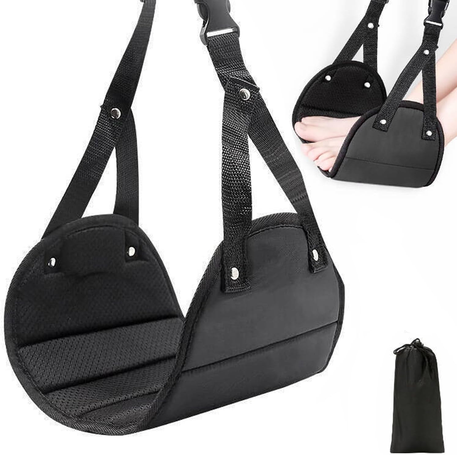 Adjustable Airplane Foot Rest for Travel - Portable Flight Footrest with Detachable Hammock, Lightweight Carry-On Foot Rest Accessories, Ergonomic Height Adjustment (Black) image number 1