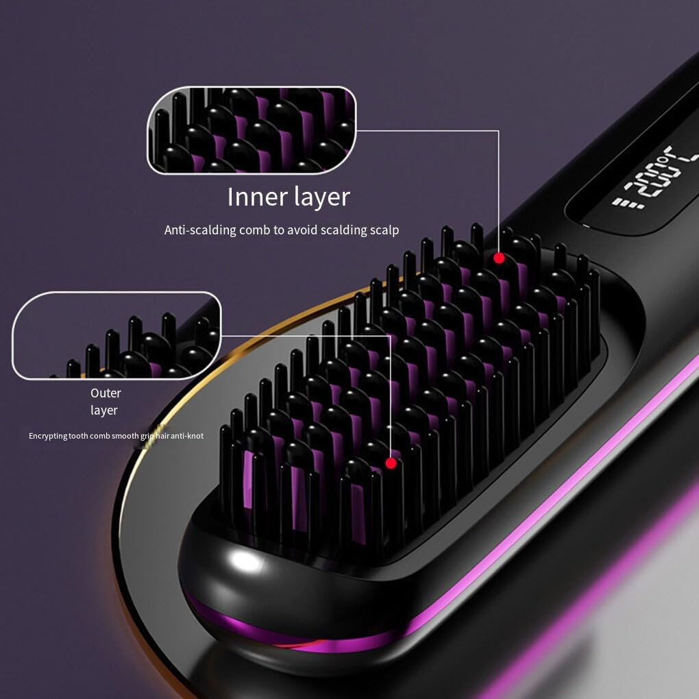 Cordless Hair Straightener Wireless Restraint Portable Straightening Brush Hot Comb for Easy Brush for Anywhere, Black