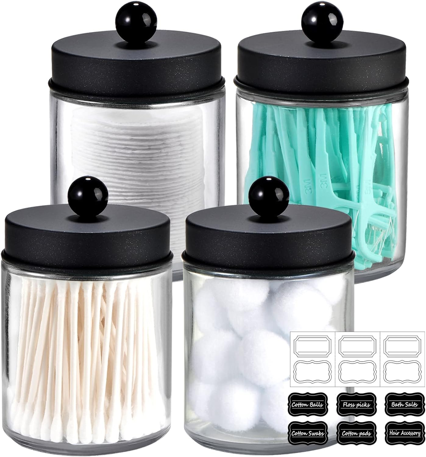 Amolliar 4Pc Apothecary Jars Bathroom Vanity Storage Organizer Set -Countertop Canister with Stainless Steel Lids &Cute Stickers - Qtip Dispenser Holder for Qtips,Cotton Swabs,Makeup Sponges (Bronze)