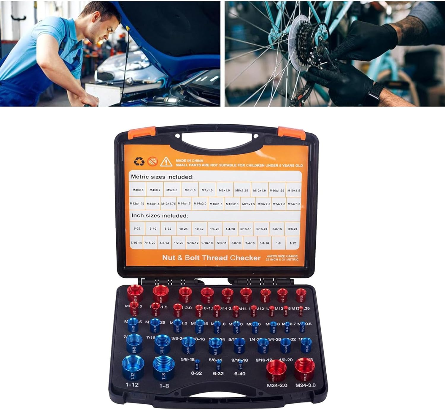 44Pcs Nut and Bolt Thread Checker, Carbon Steel Identifier Thread Gauges Set with Storage Box, Standard SAE and Metric Sizes Individually Assembled Thread for Maintenance