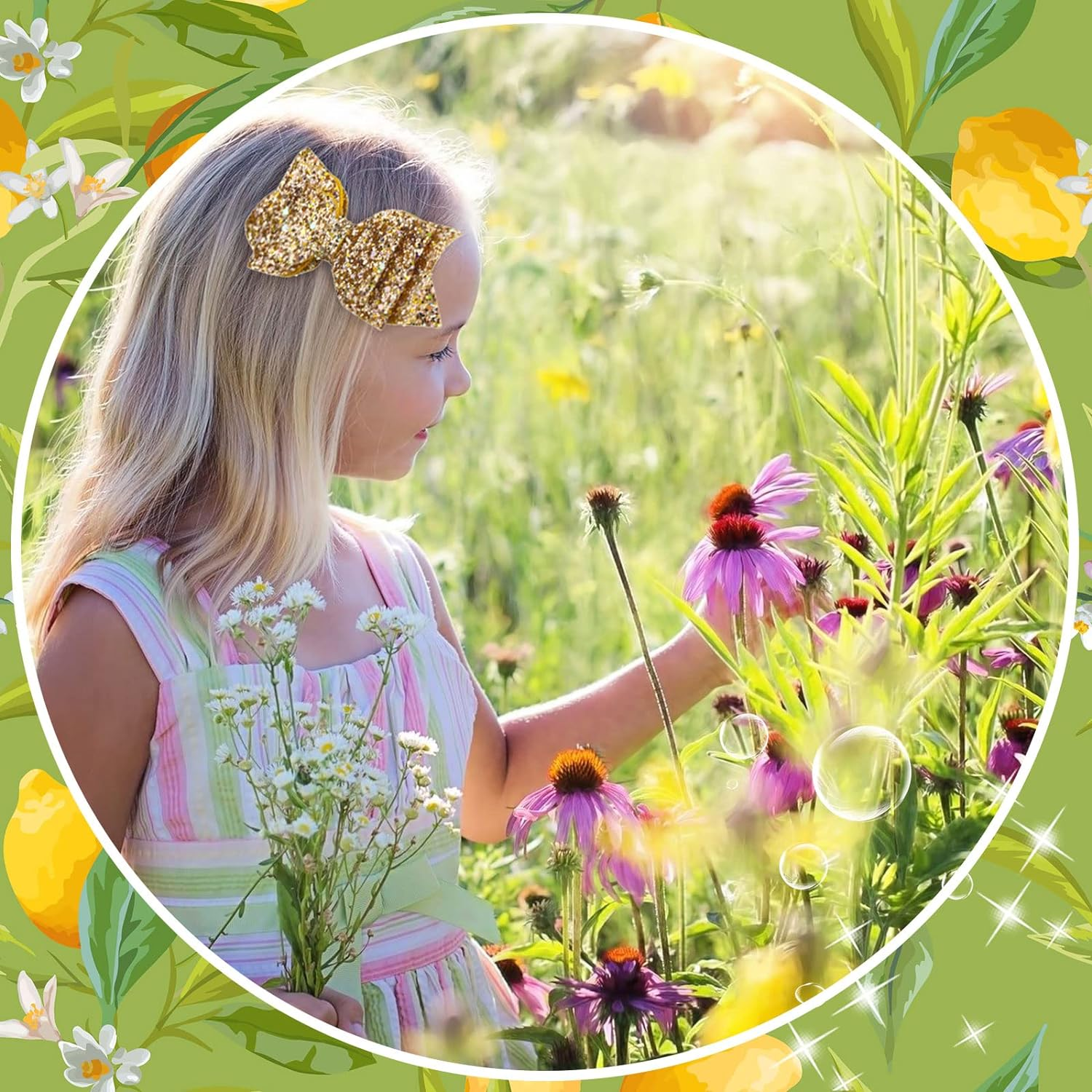 6 Pcs 5 Inch Glitter Sequin Boutique Hair Clips - Sparkly Bowed Accessories for Baby, Toddler, Teen Girls (Gold) image number 6