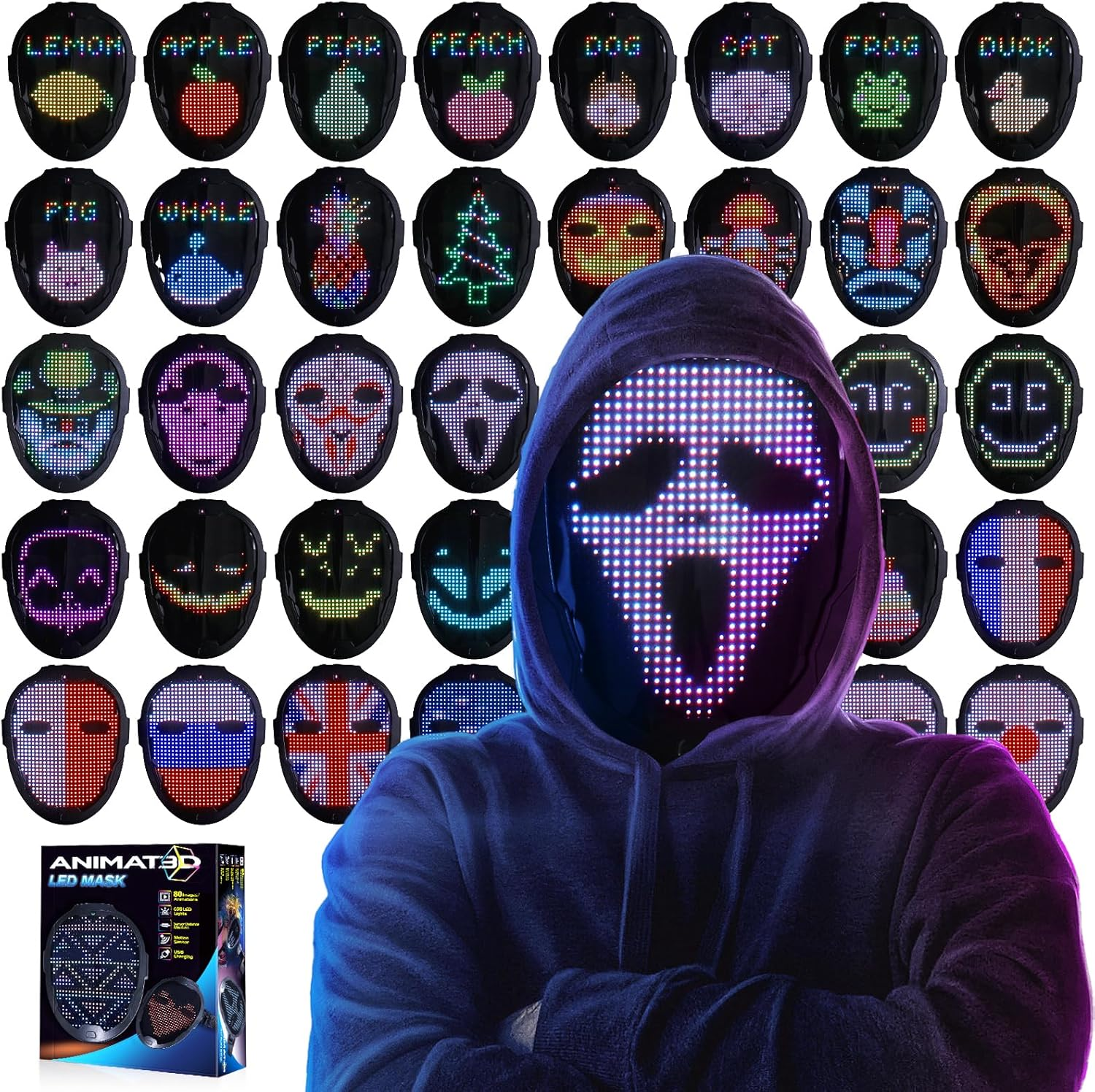 Quntis Face Transforming LED Mask for Adults & Kids, 80 Pattern Glowing LED Halloween Digital Luminous Mask for Costume Cosplay image number 3