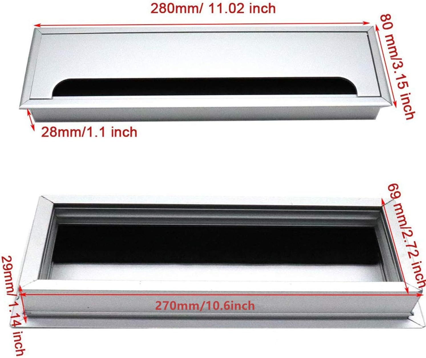 XMHF Aluminum Alloy Rectangle Wire Cable Grommet Hole Cover Cable Organizer for Office Desk Computer Desk Table 11 X 3.15 Inch (280 X 80Mm;Silver Tone) image number 4